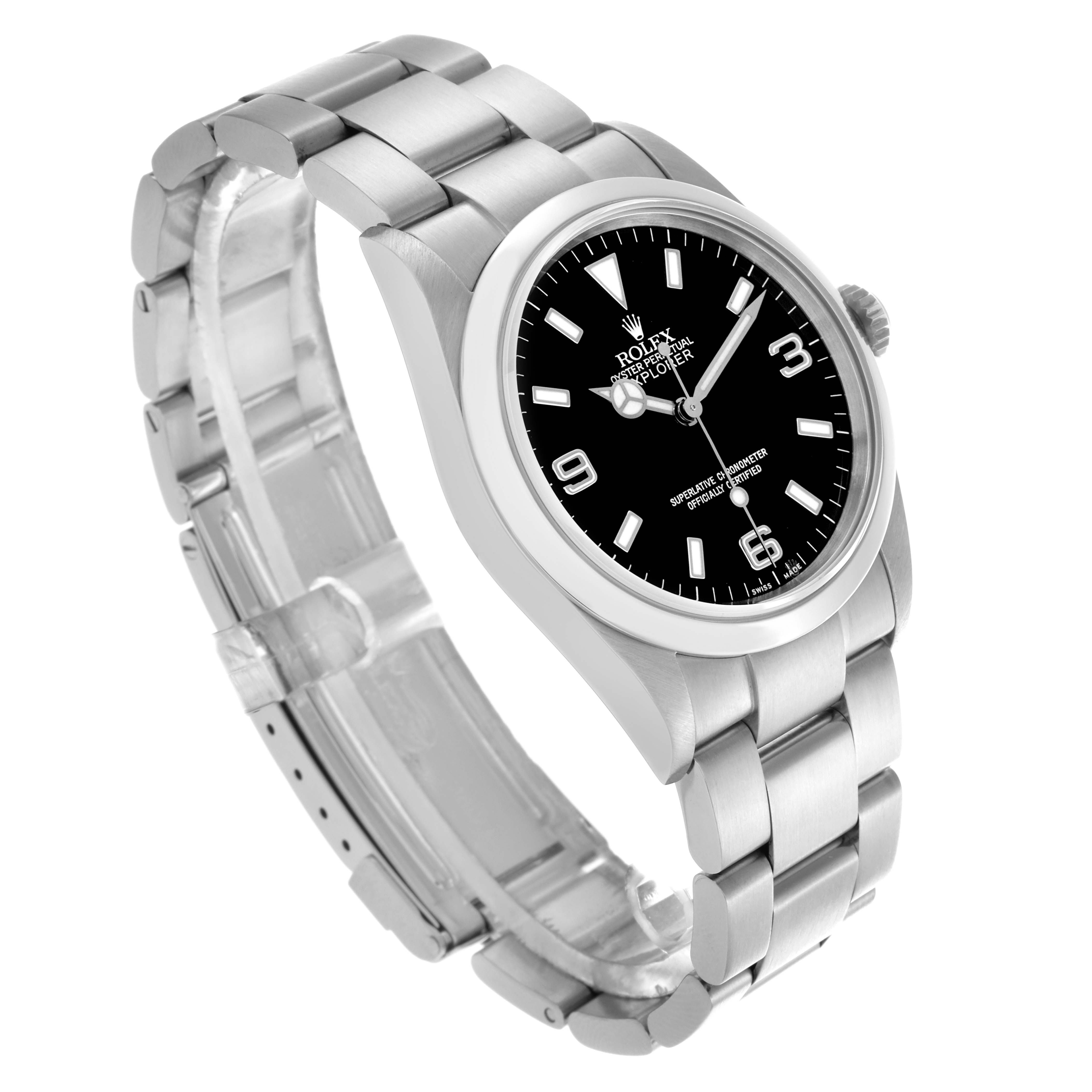 The Rolex Explorer 114270 Men's Stainless Steel Black Dial 114270 Men's Stainless Steel Black Dial watch is shown at a three-quarter angle, displaying the full face, bezel, and bracelet.