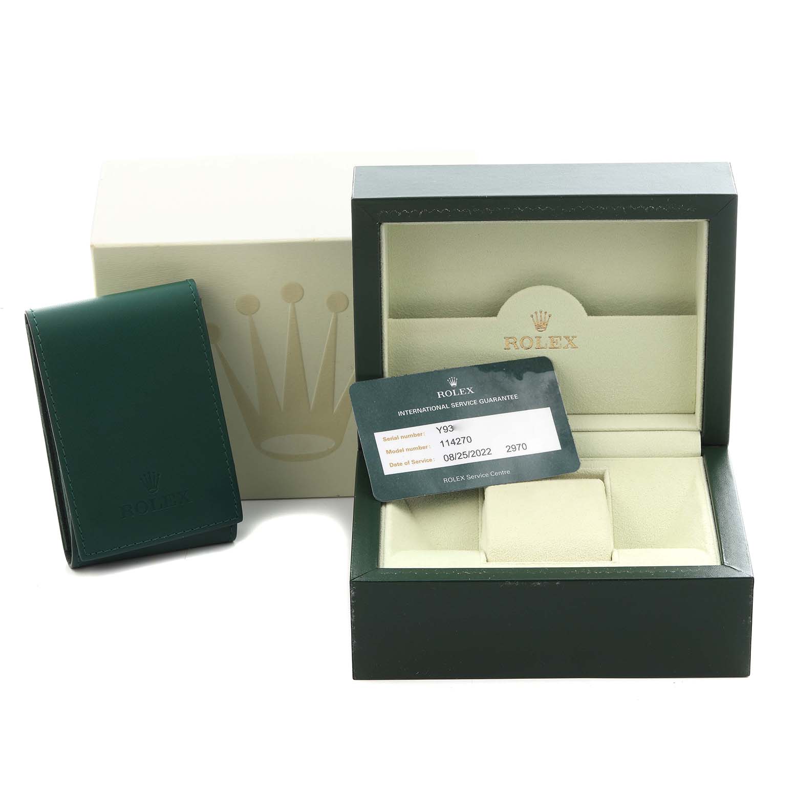 The image shows the Rolex Explorer 114270 Men's Stainless Steel Black Dial 114270 Men's Stainless Steel Black Dial packaging, including the box, warranty card, and cardholder, from a front angle.