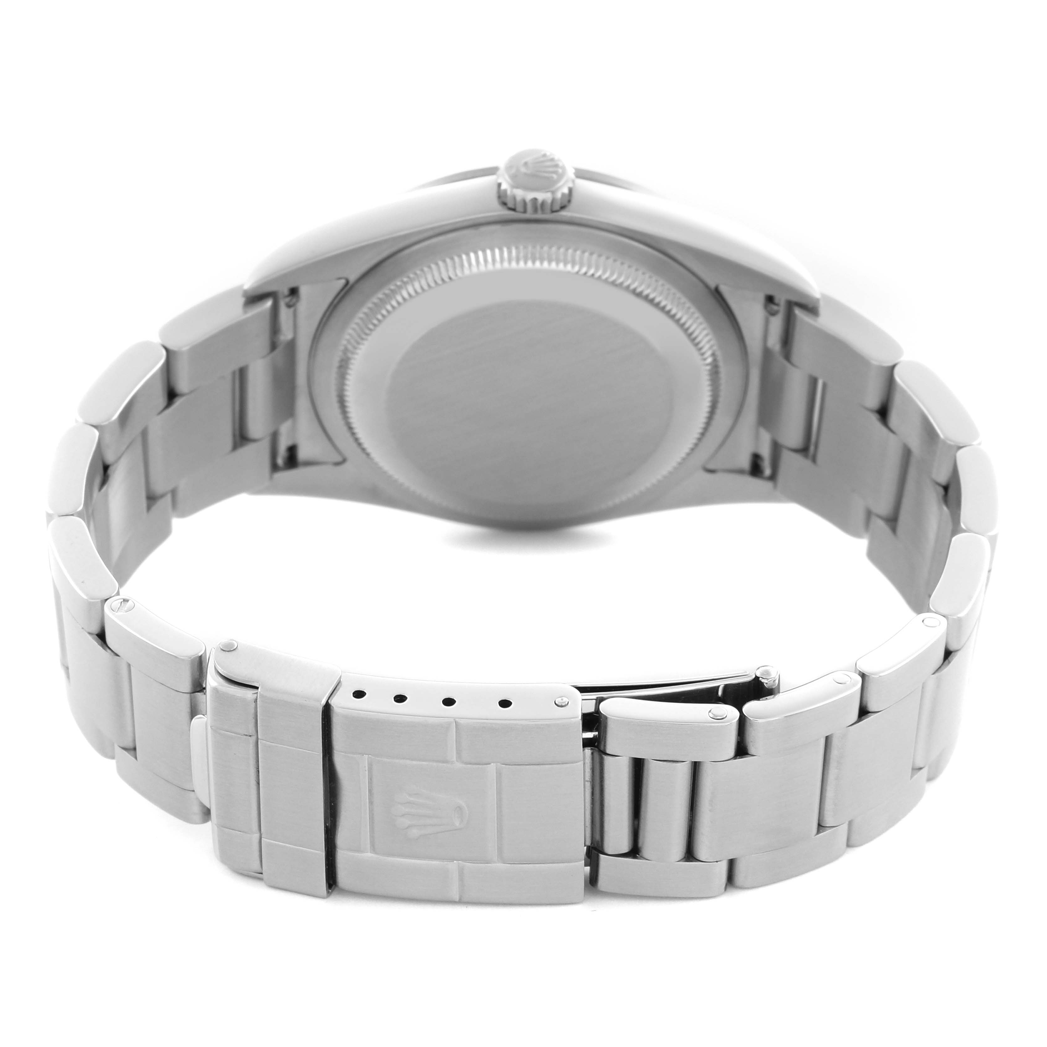 The image shows the back view of a Rolex Explorer 114270 Men's Stainless Steel Black Dial 114270 Men's Stainless Steel Black Dial watch, highlighting the case back, bracelet, and clasp with the Rolex logo.