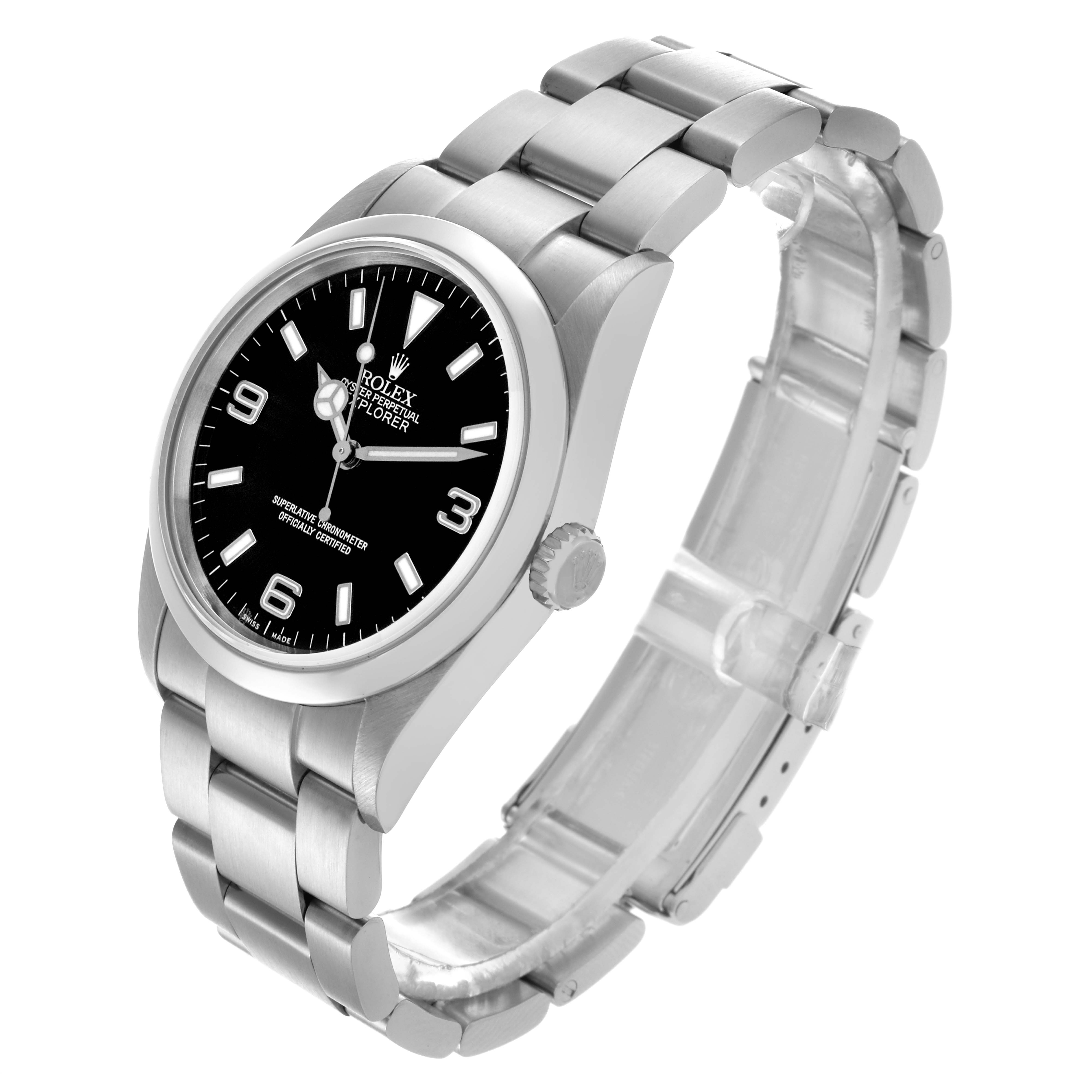 The Rolex Explorer 114270 Men's Stainless Steel Black Dial 114270 Men's Stainless Steel Black Dial watch is shown at an angle displaying the face, bezel, crown, and bracelet.