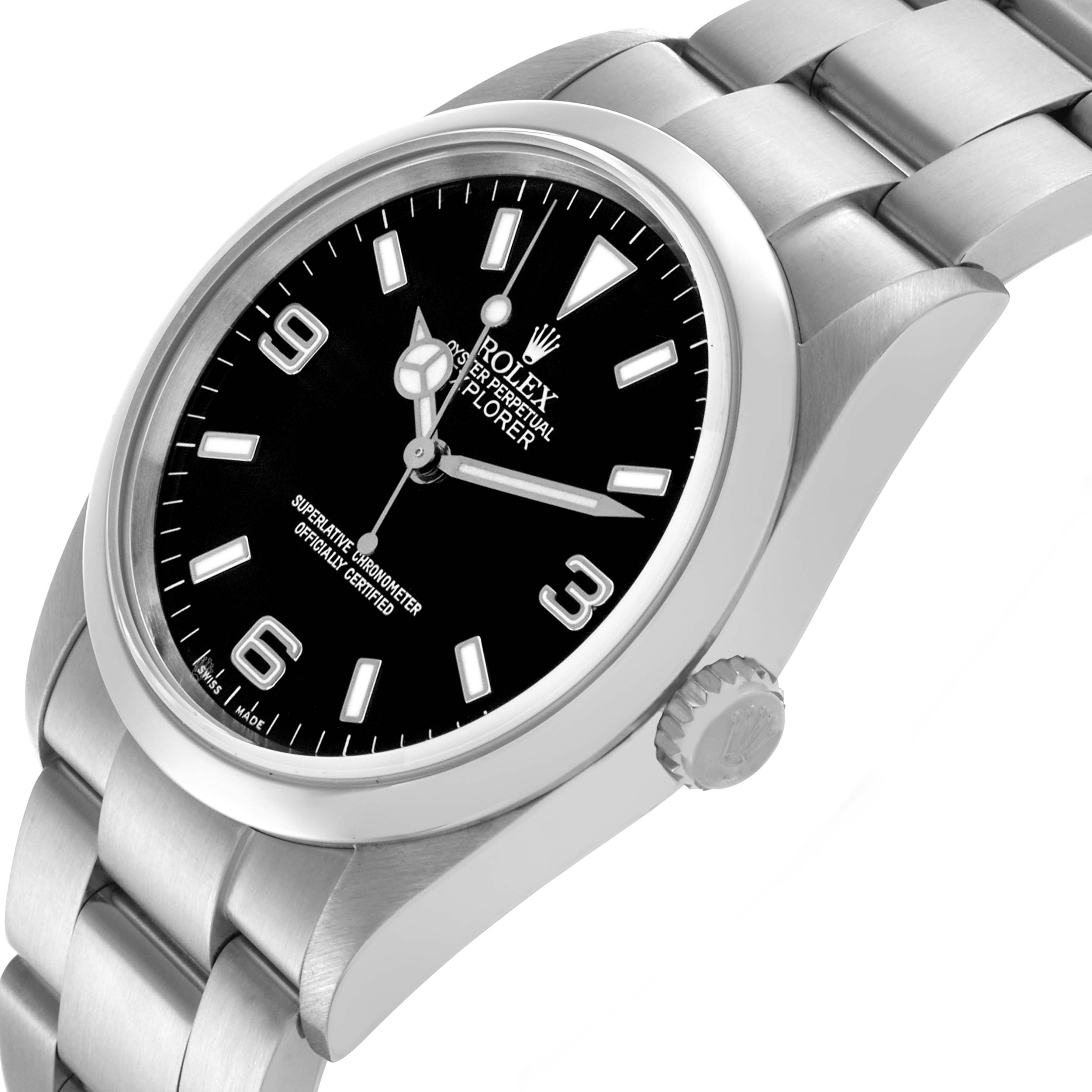 The Rolex Explorer 114270 Men's Stainless Steel Black Dial 114270 Men's Stainless Steel Black Dial watch is shown at an angled side view, highlighting the face, bezel, crown, and part of the bracelet.