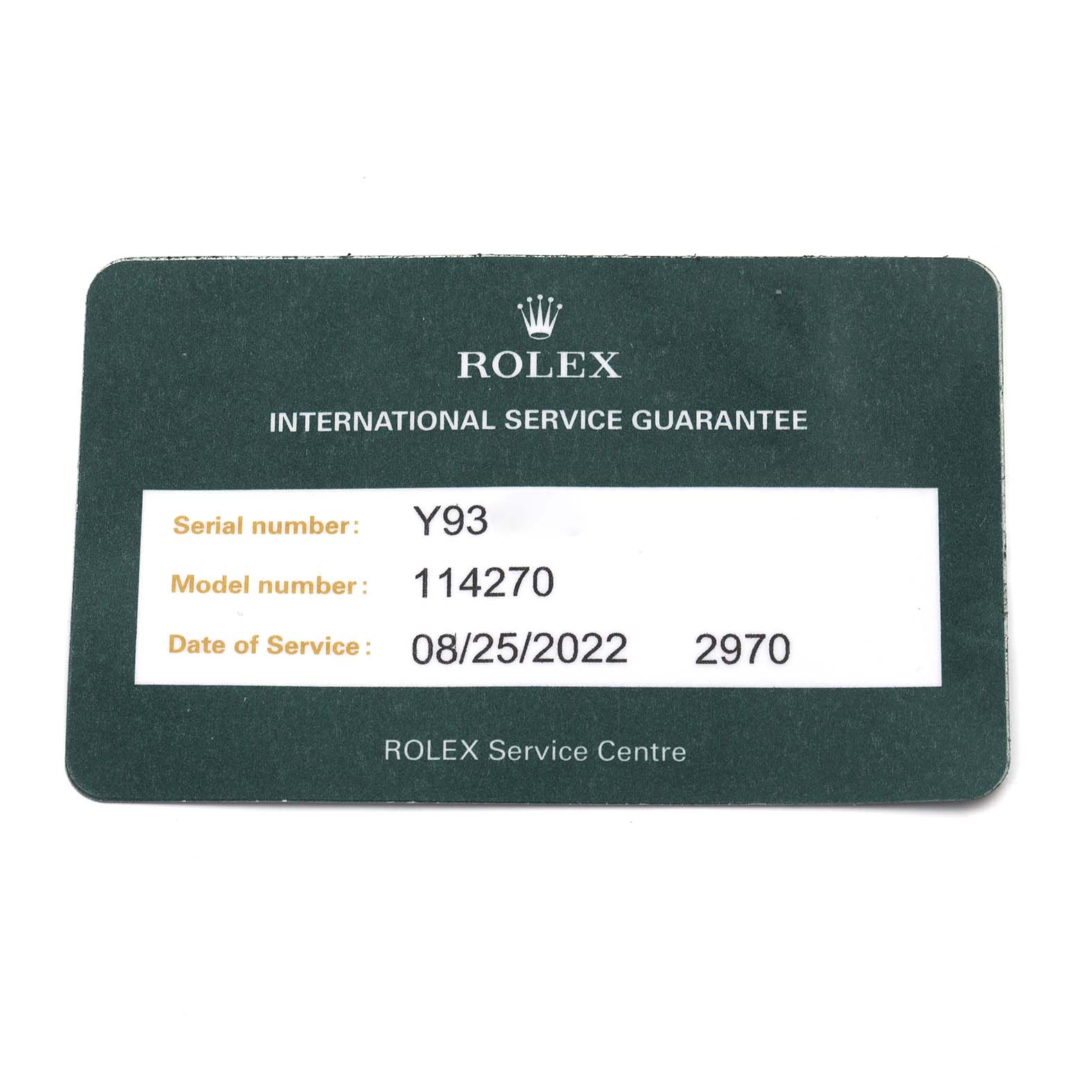 The image shows a Rolex Explorer 114270 Men's Stainless Steel Black Dial 114270 Men's Stainless Steel Black Dial model service guarantee card with model and serial numbers.