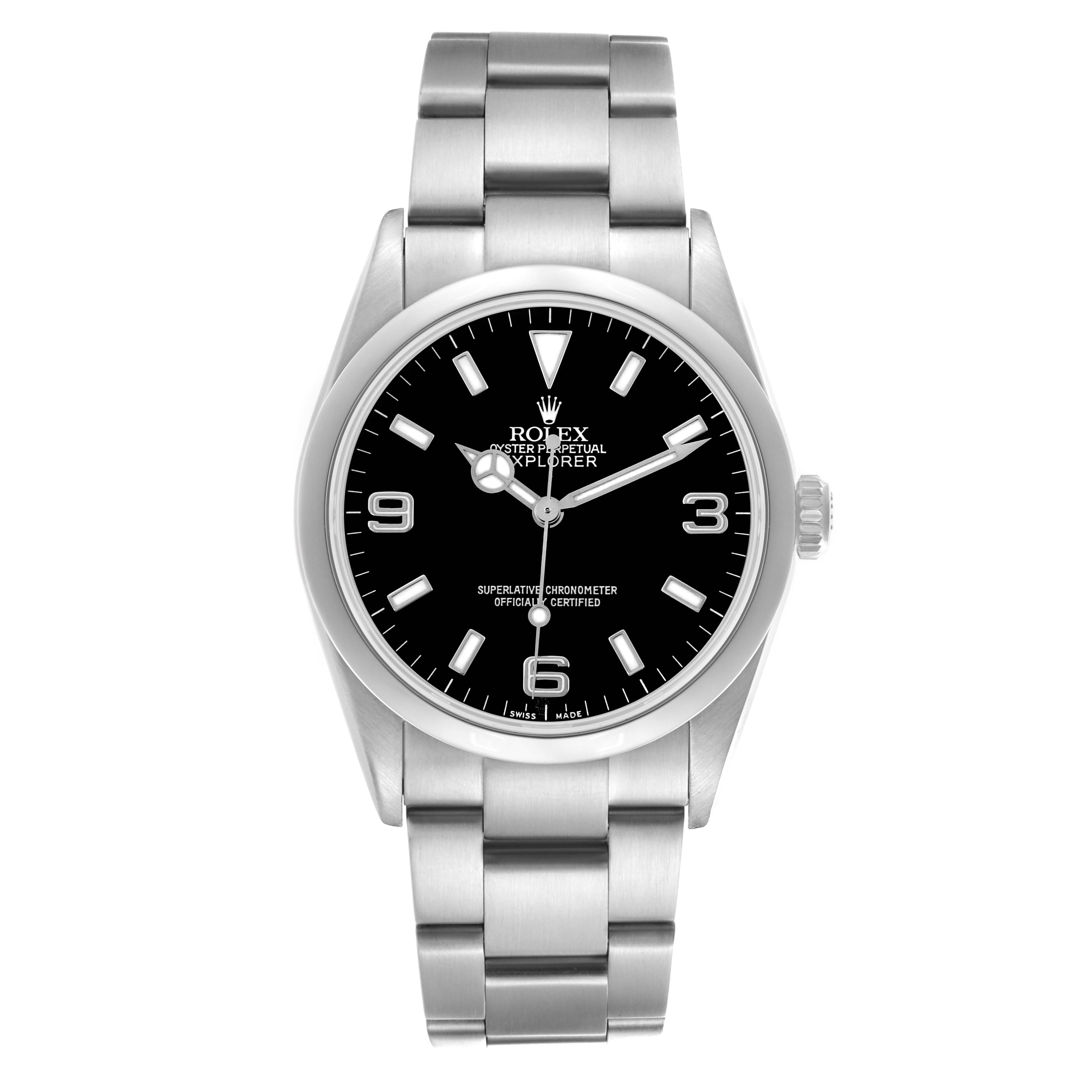 The Rolex Explorer 114270 Men's Stainless Steel Black Dial 114270 Men's Stainless Steel Black Dial watch is shown from a front view, displaying the dial, bezel, and bracelet clearly.