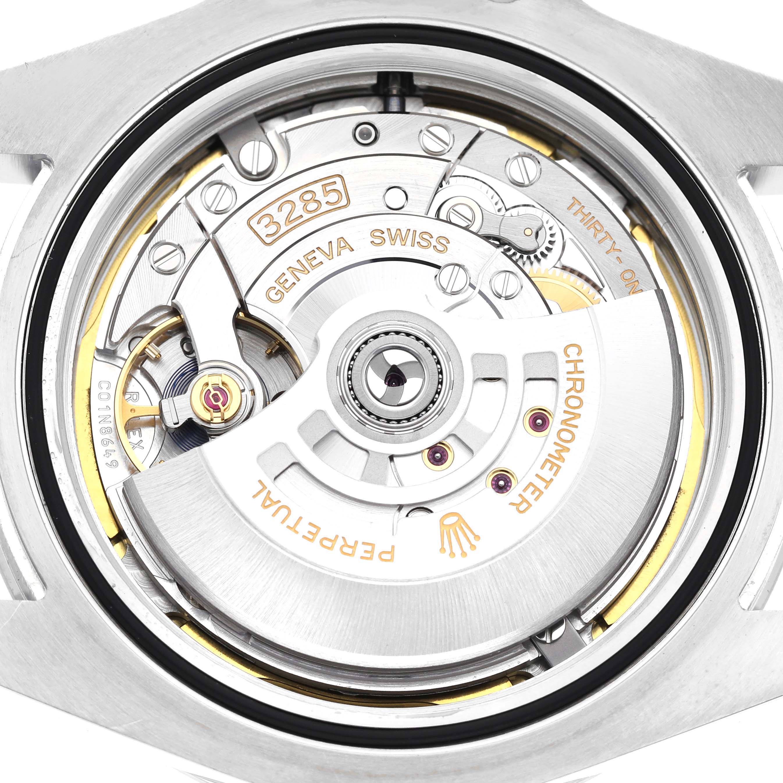 This image shows the inner movement mechanism of the Rolex Explorer 226570 Men's Stainless Steel Black Dial 226570 Men's Stainless Steel Black Dial watch from a back angle.
