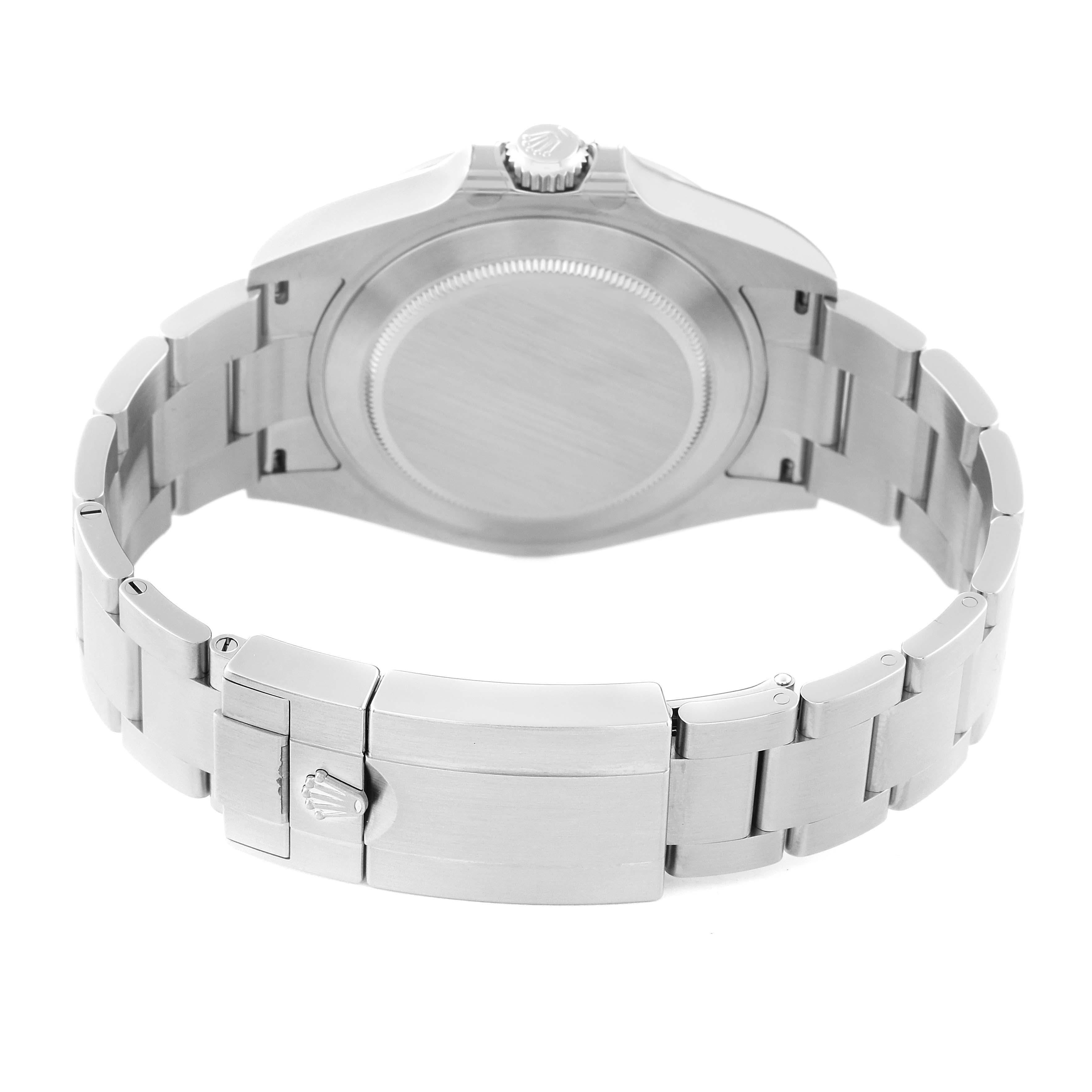 The image shows the back view of a Rolex Explorer 226570 Men's Stainless Steel Black Dial 226570 Men's Stainless Steel Black Dial model watch, highlighting its clasp, bracelet, and case back.