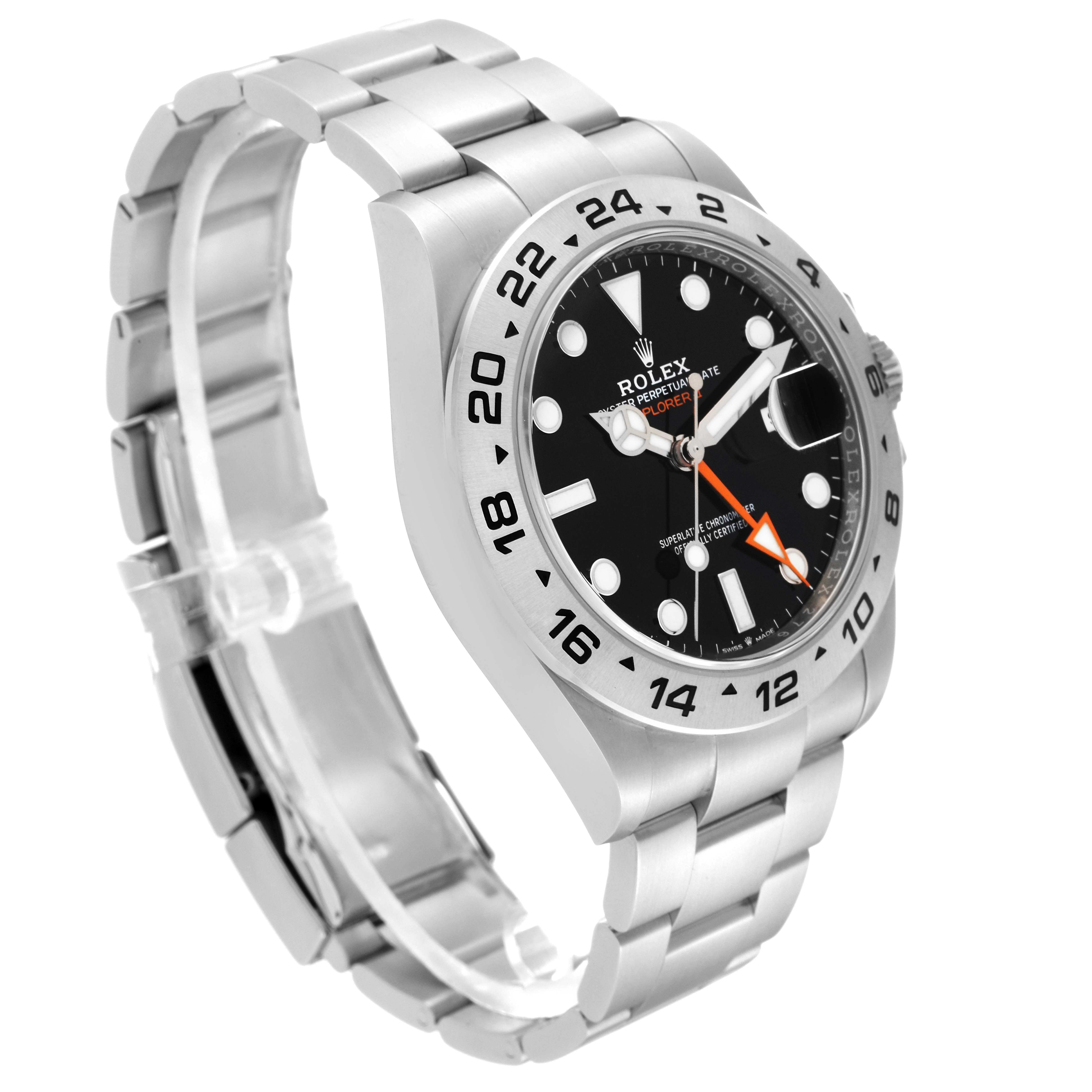 This image shows a side view of the Rolex Explorer 226570 Men's Stainless Steel Black Dial 226570 Men's Stainless Steel Black Dial model, highlighting its bracelet, bezel, and dial.