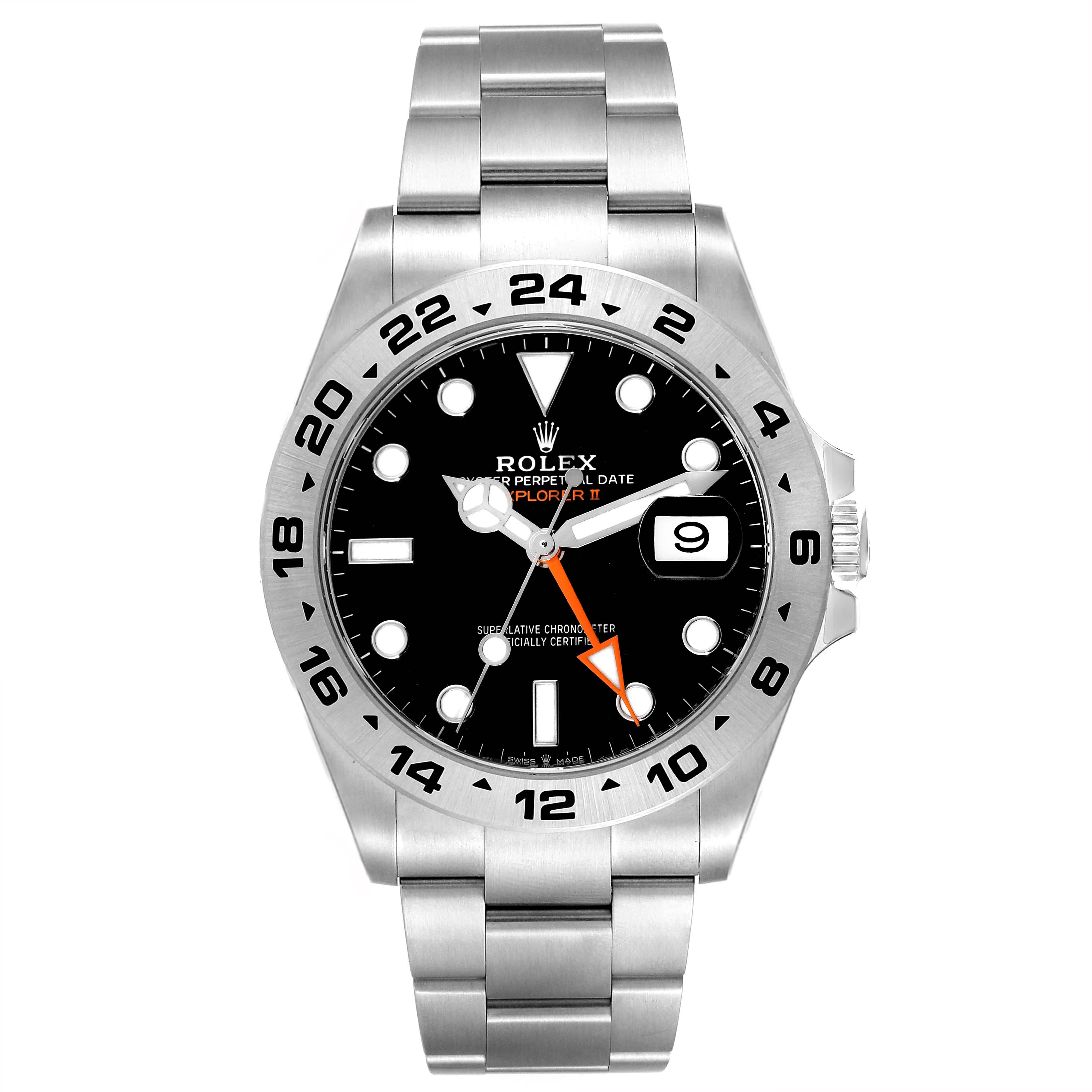 The Rolex Explorer 226570 Men's Stainless Steel Black Dial 226570 Men's Stainless Steel Black Dial watch is shown from a front angle, displaying the dial, hour markers, hands, date window, and bracelet.