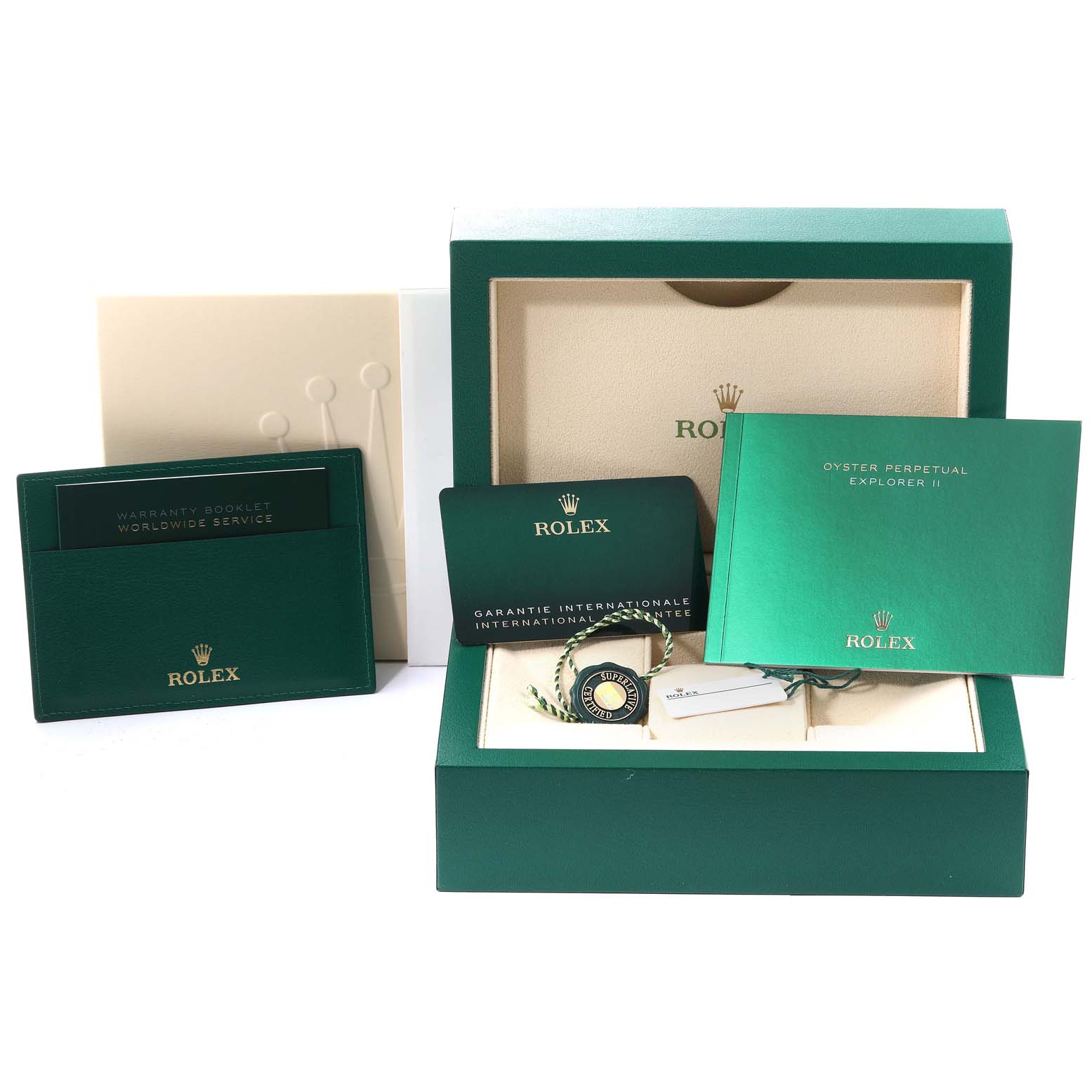 The image shows a Rolex Explorer 226570 Men's Stainless Steel Black Dial 226570 Men's Stainless Steel Black Dial watch box, warranty booklet, guarantee card, and instruction manual, displayed from a front angle.