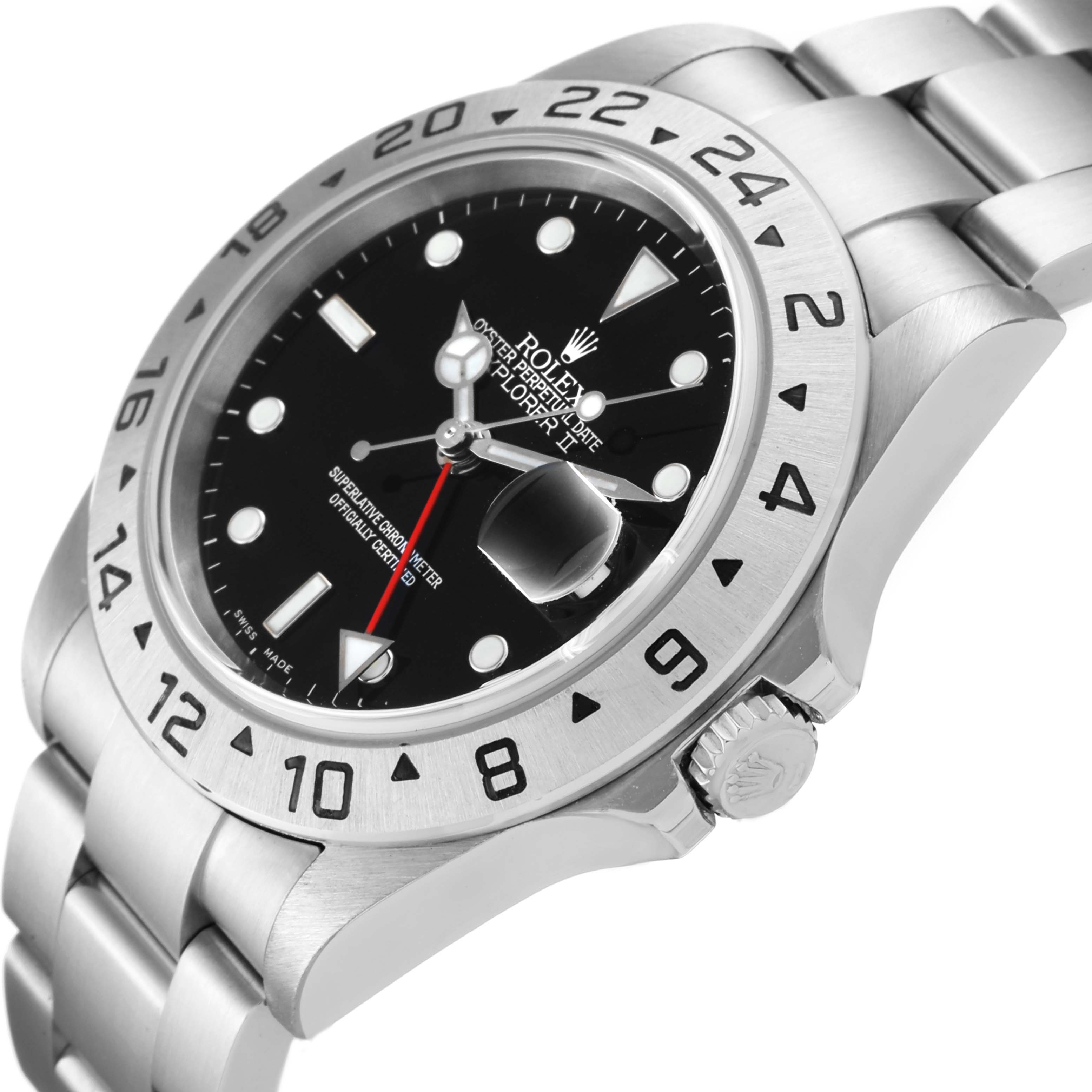 This image shows a Rolex Explorer 16570 Men
s Stainless Steel Black Dial 16570 Men
s Stainless Steel Black Dial watch at a slightly angled top-down view, highlighting the dial, bezel, and stainless steel bracelet.