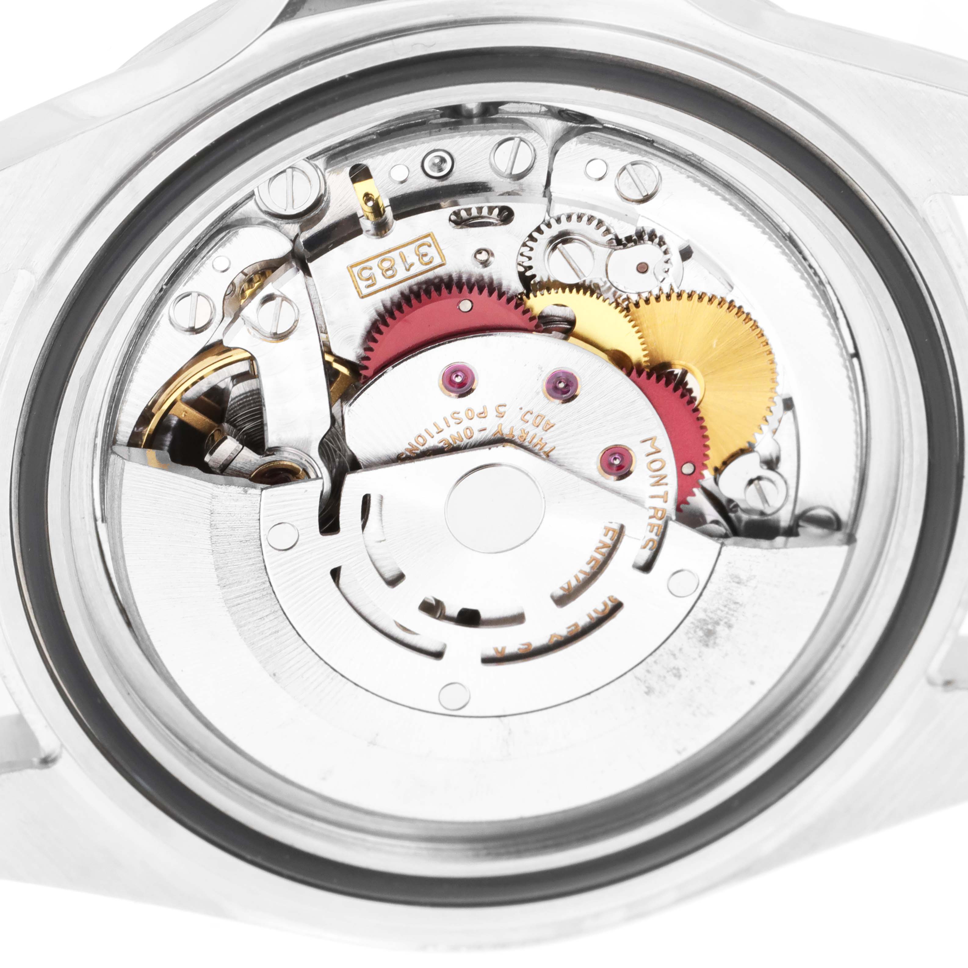 This image shows a close-up view of the movement and internal mechanics of a Rolex Explorer 16570 Men
s Stainless Steel Black Dial 16570 Men
s Stainless Steel Black Dial watch.