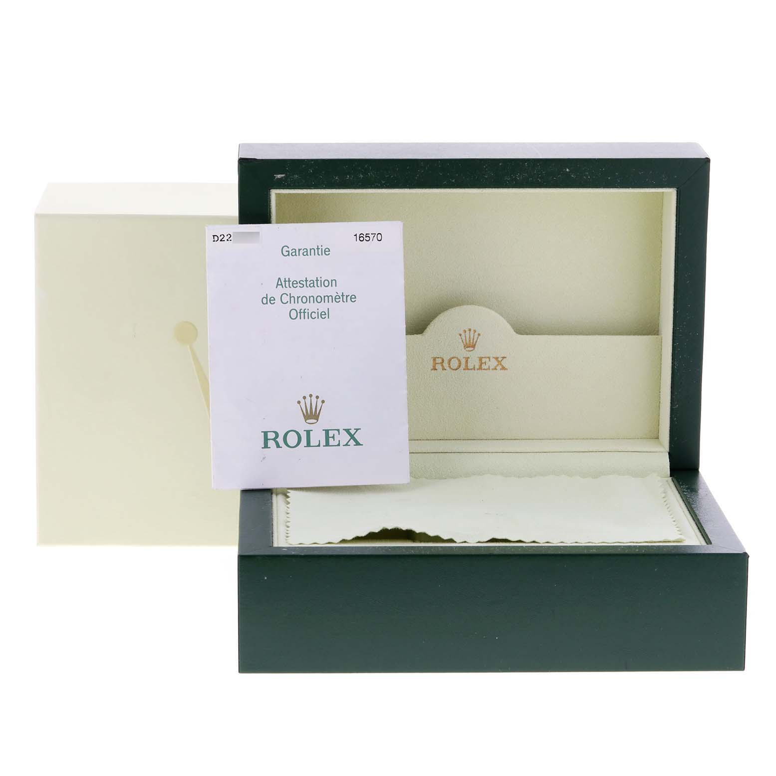 This image shows the open box and official certificate for a Rolex Explorer 16570 Men
s Stainless Steel Black Dial 16570 Men
s Stainless Steel Black Dial watch.