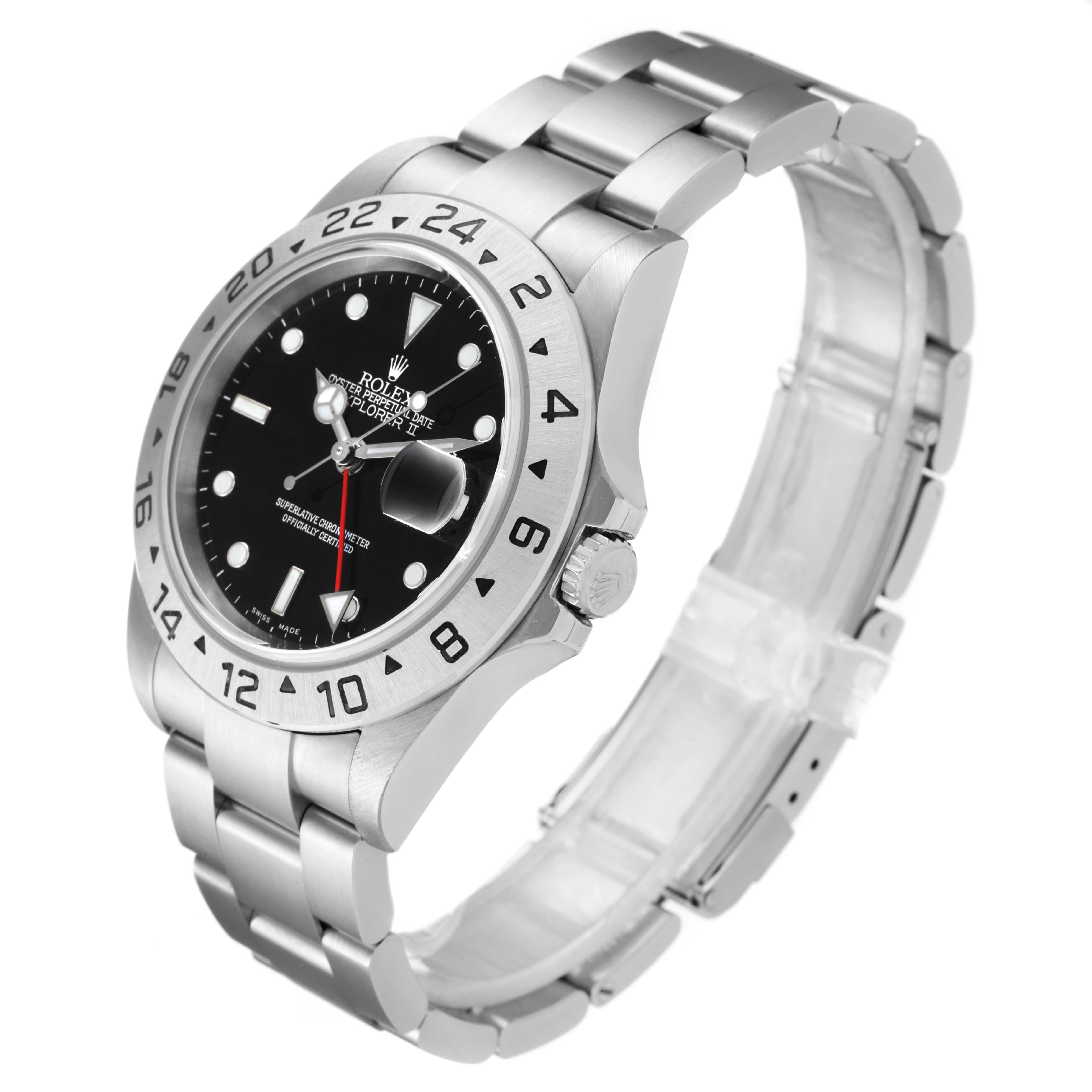 The Rolex Explorer 16570 Men
s Stainless Steel Black Dial 16570 Men
s Stainless Steel Black Dial watch is shown at an angle displaying the watch face, bezel, crown, and bracelet.