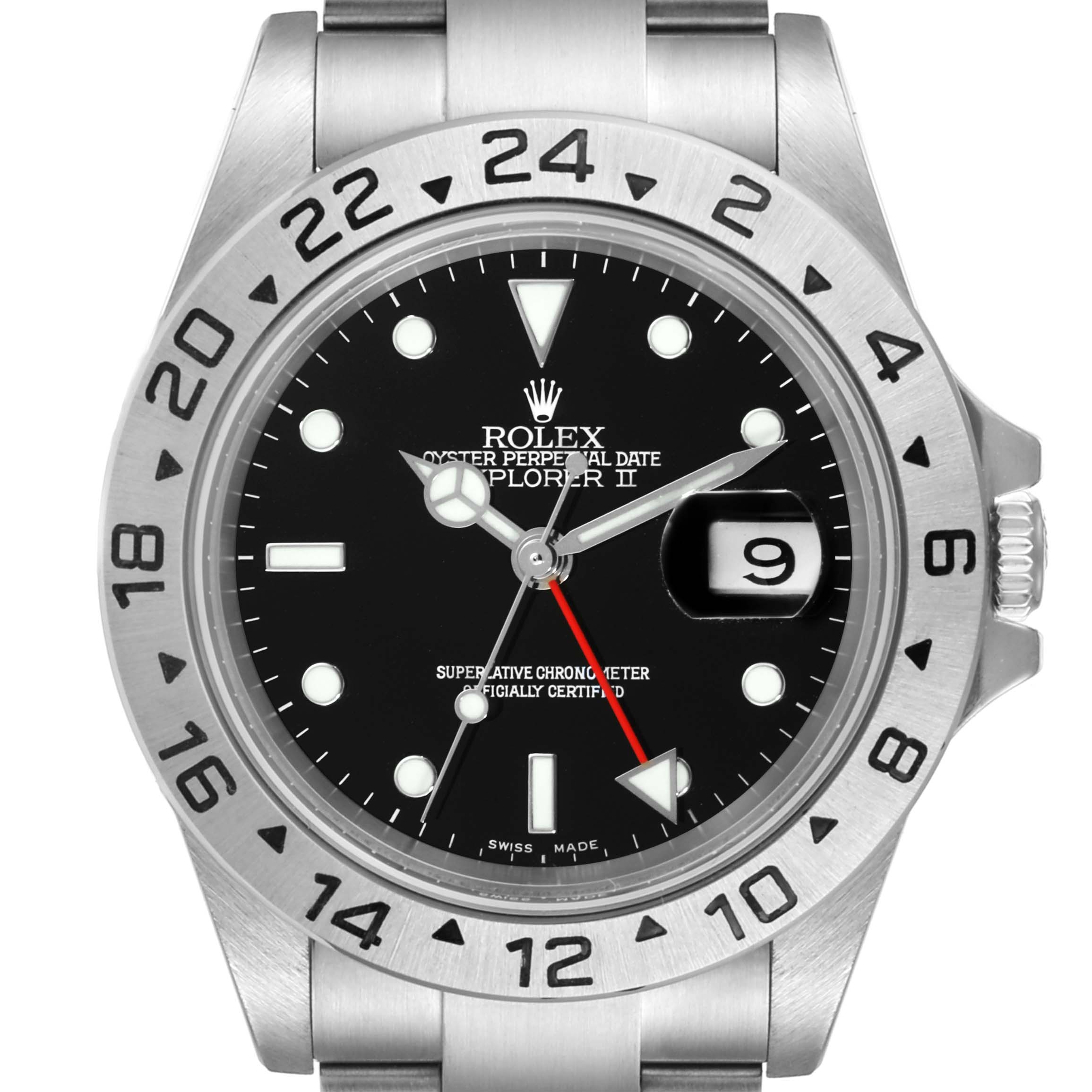 The image shows a front view of a Rolex Explorer 16570 Men
s Stainless Steel Black Dial 16570 Men
s Stainless Steel Black Dial watch, displaying its dial, hands, bezel, and bracelet.