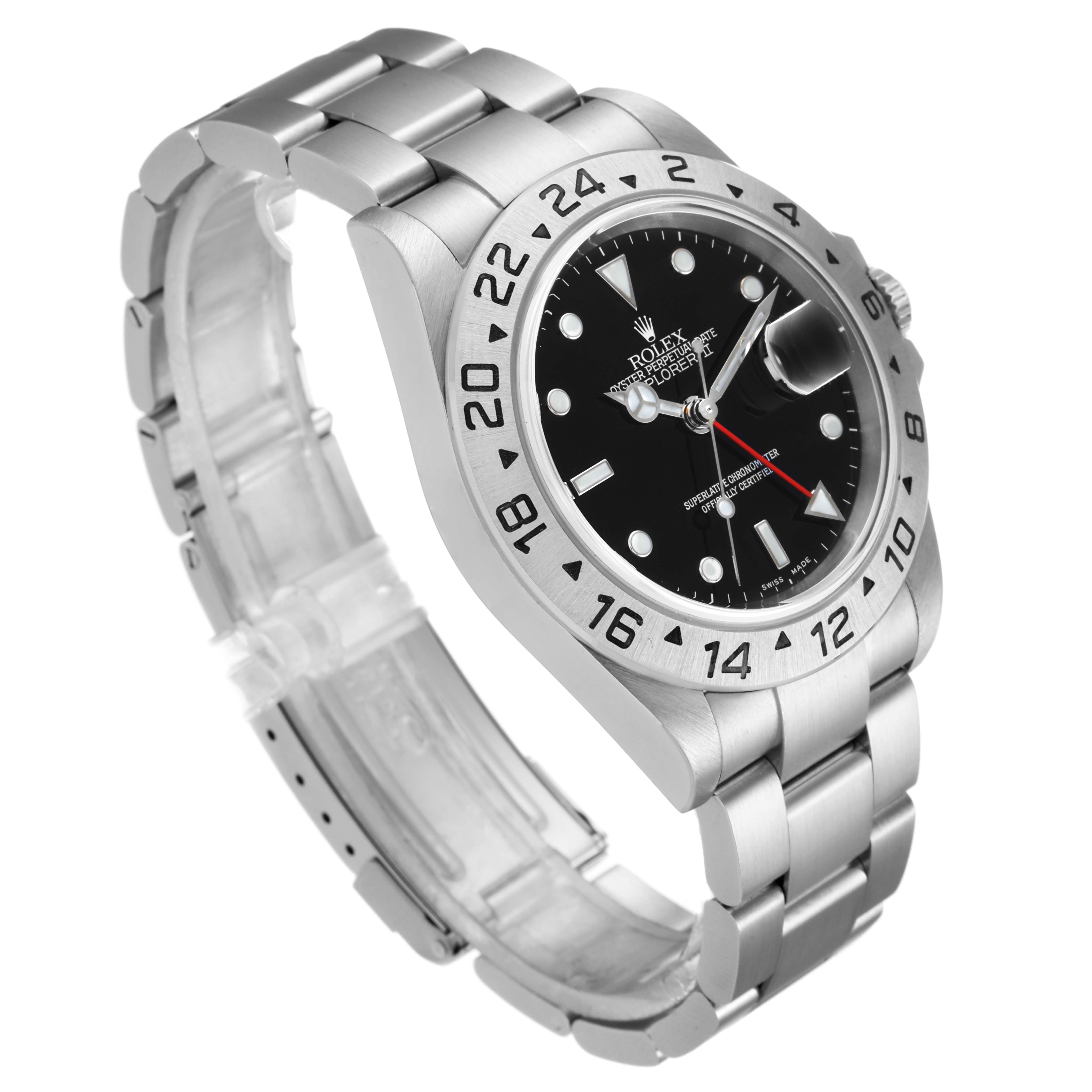 This image shows a Rolex Explorer 16570 Men
s Stainless Steel Black Dial 16570 Men
s Stainless Steel Black Dial watch from a slight side angle, highlighting the watch face, bezel, and metal bracelet.