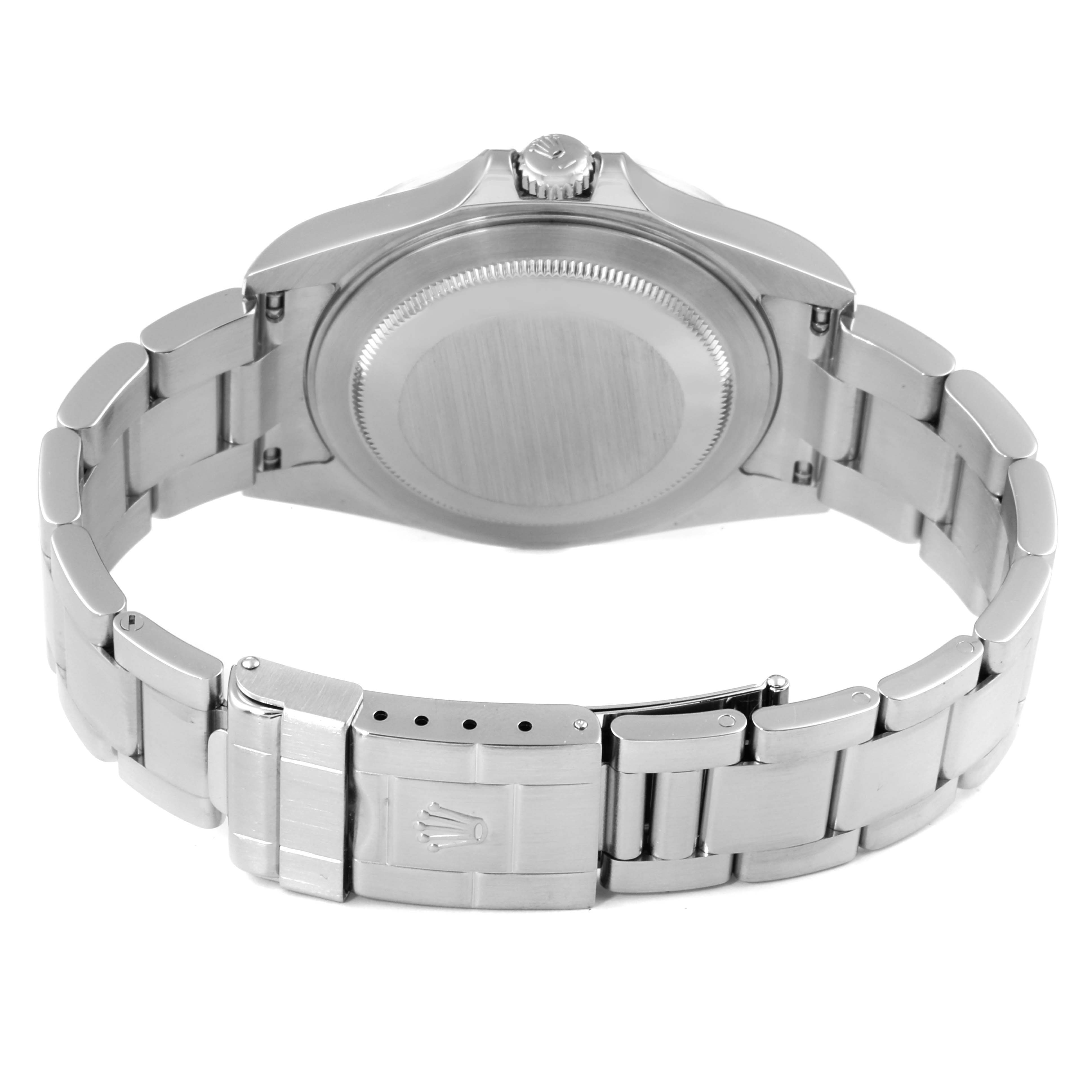 The image shows the back and the bracelet clasp of a Rolex Explorer 16570 Men
s Stainless Steel Black Dial 16570 Men
s Stainless Steel Black Dial watch, highlighting the case back and the Oyster bracelet.