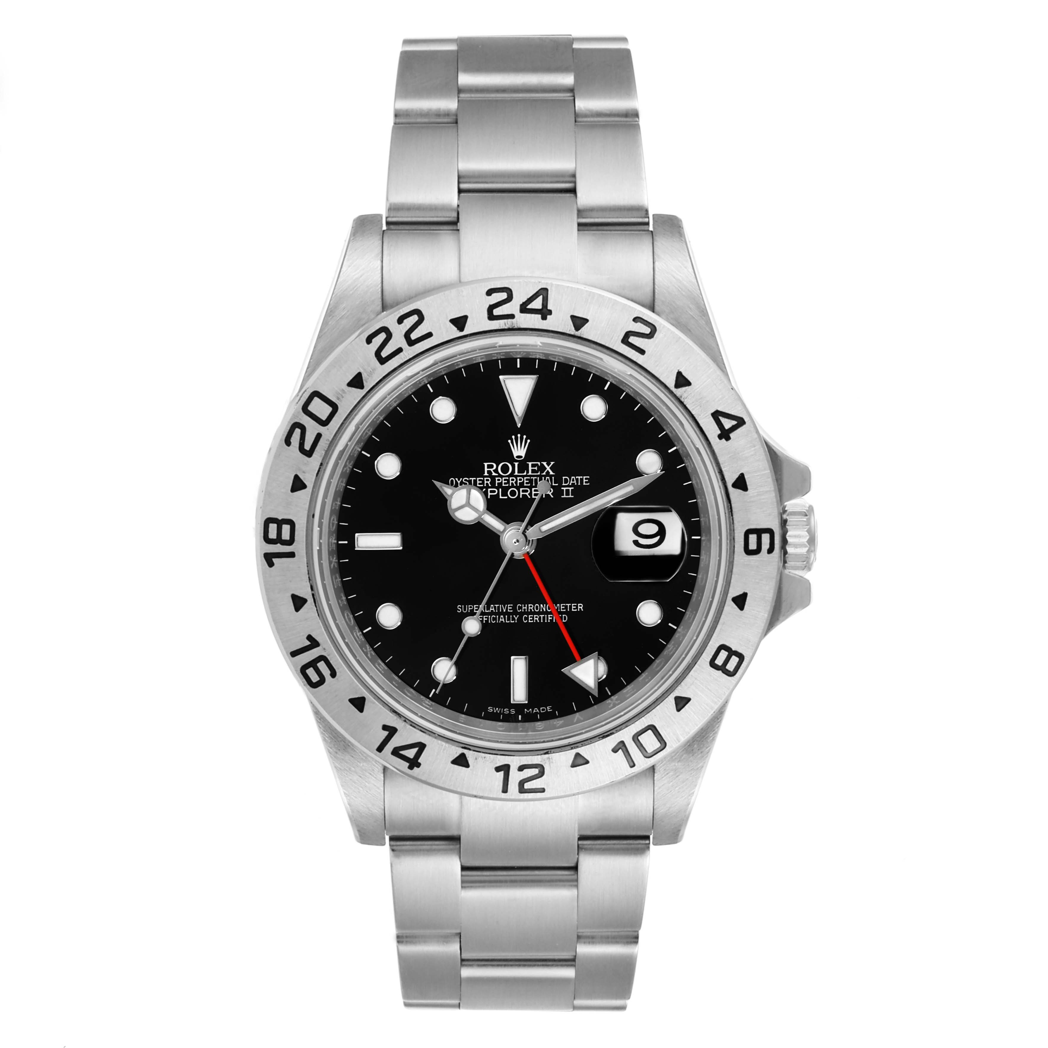 The image shows a front view of the Rolex Explorer 16570 Men's Stainless Steel Black Dial 16570 Men's Stainless Steel Black Dial watch, highlighting the dial, bezel, hands, and bracelet.