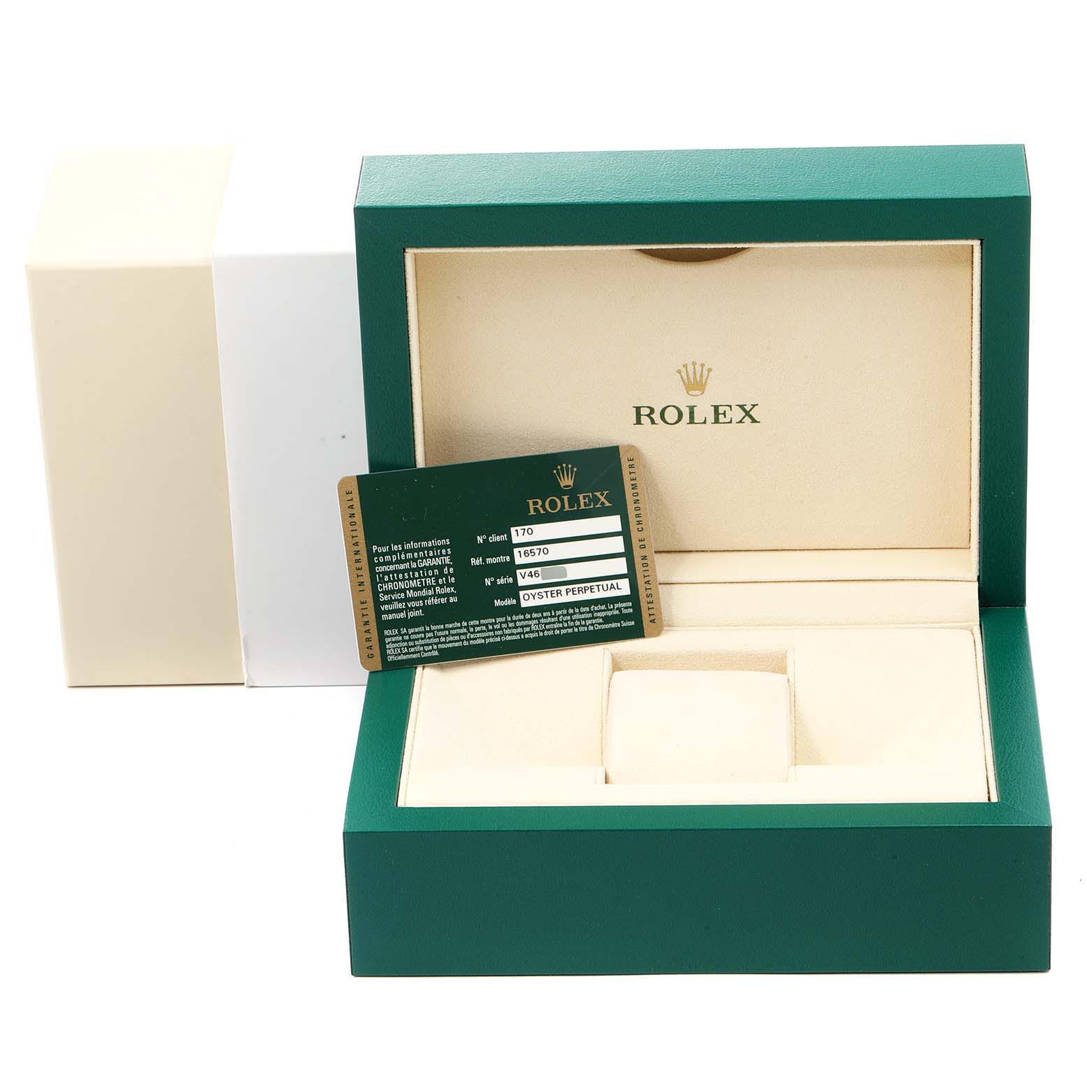 The image shows the open green box of a Rolex Explorer 16570 Men's Stainless Steel Black Dial 16570 Men's Stainless Steel Black Dial watch, along with its warranty card.