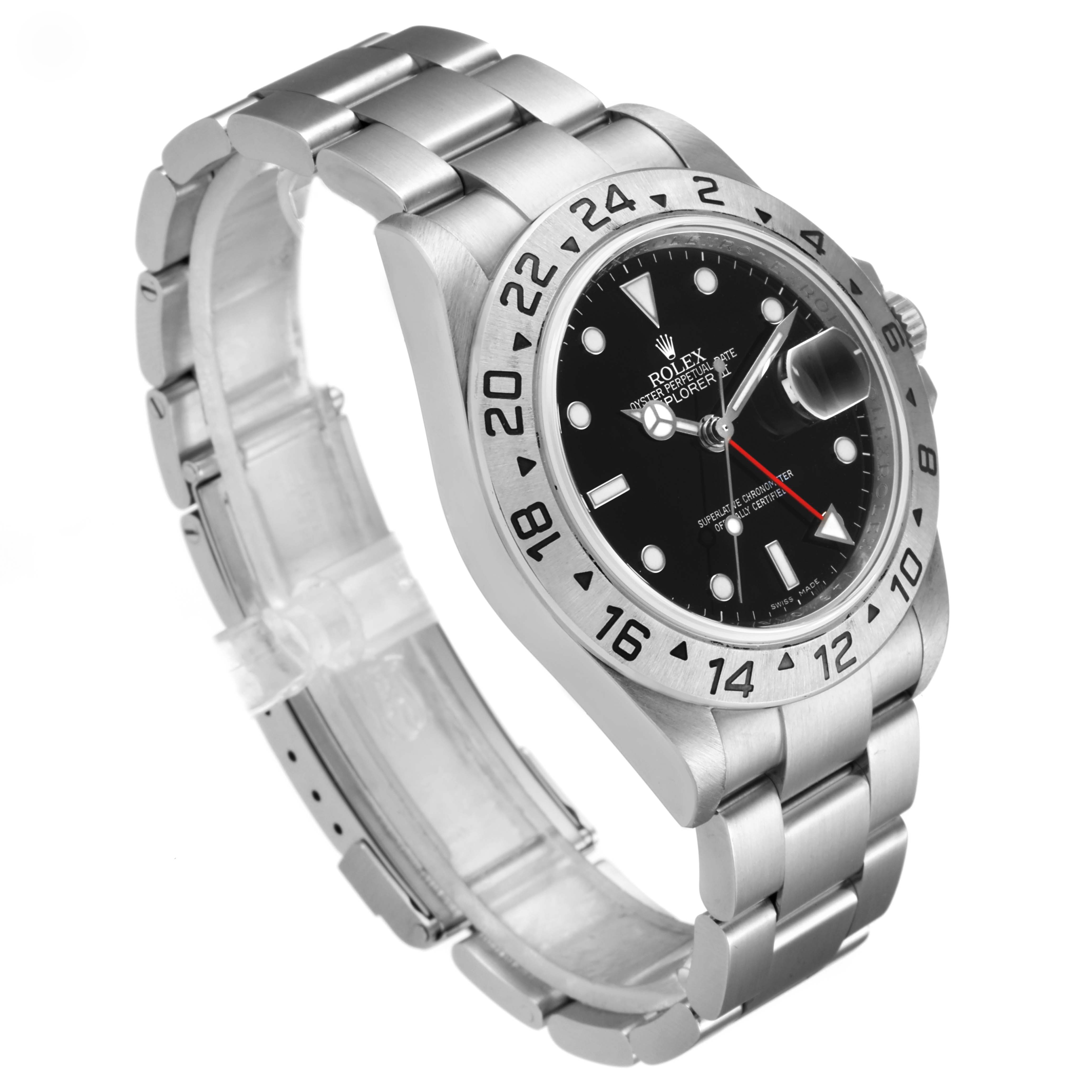 The Rolex Explorer 16570 Men's Stainless Steel Black Dial 16570 Men's Stainless Steel Black Dial watch is shown at a three-quarter angle highlighting its face, bezel, and stainless steel band.