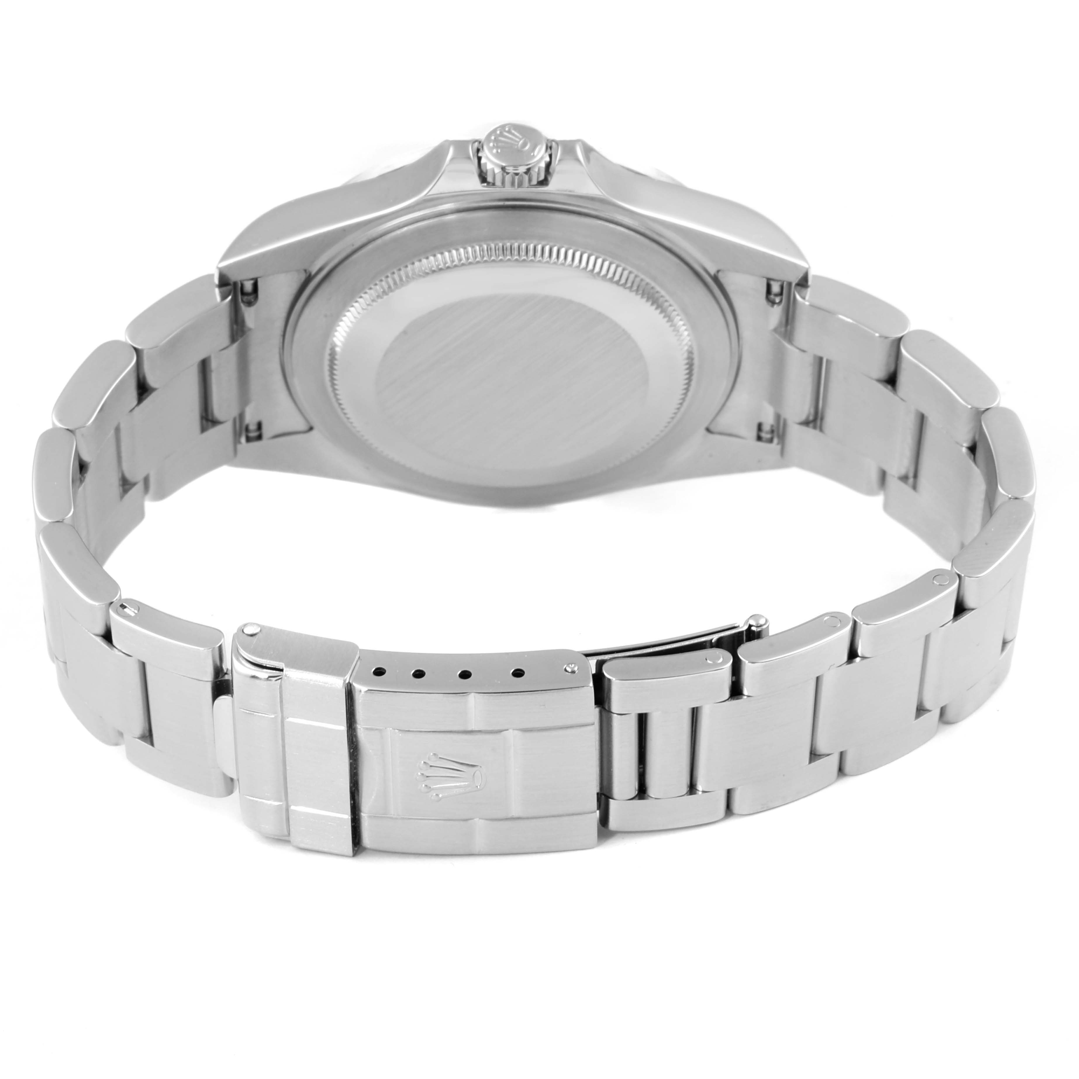 This image shows the back and bracelet of a Rolex Explorer 16570 Men's Stainless Steel Black Dial 16570 Men's Stainless Steel Black Dial watch, focusing on the case back and clasp.