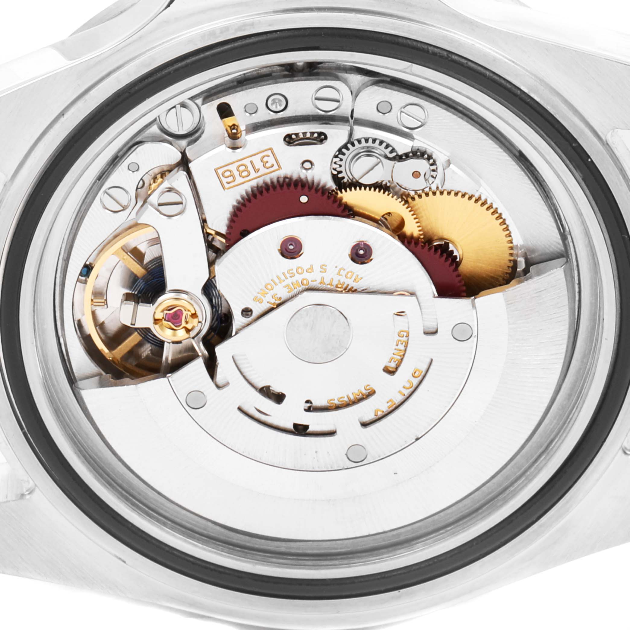 This image shows the movement parts of a Rolex Explorer 16570 Men's Stainless Steel Black Dial 16570 Men's Stainless Steel Black Dial model from the back angle, highlighting gears and mechanisms.