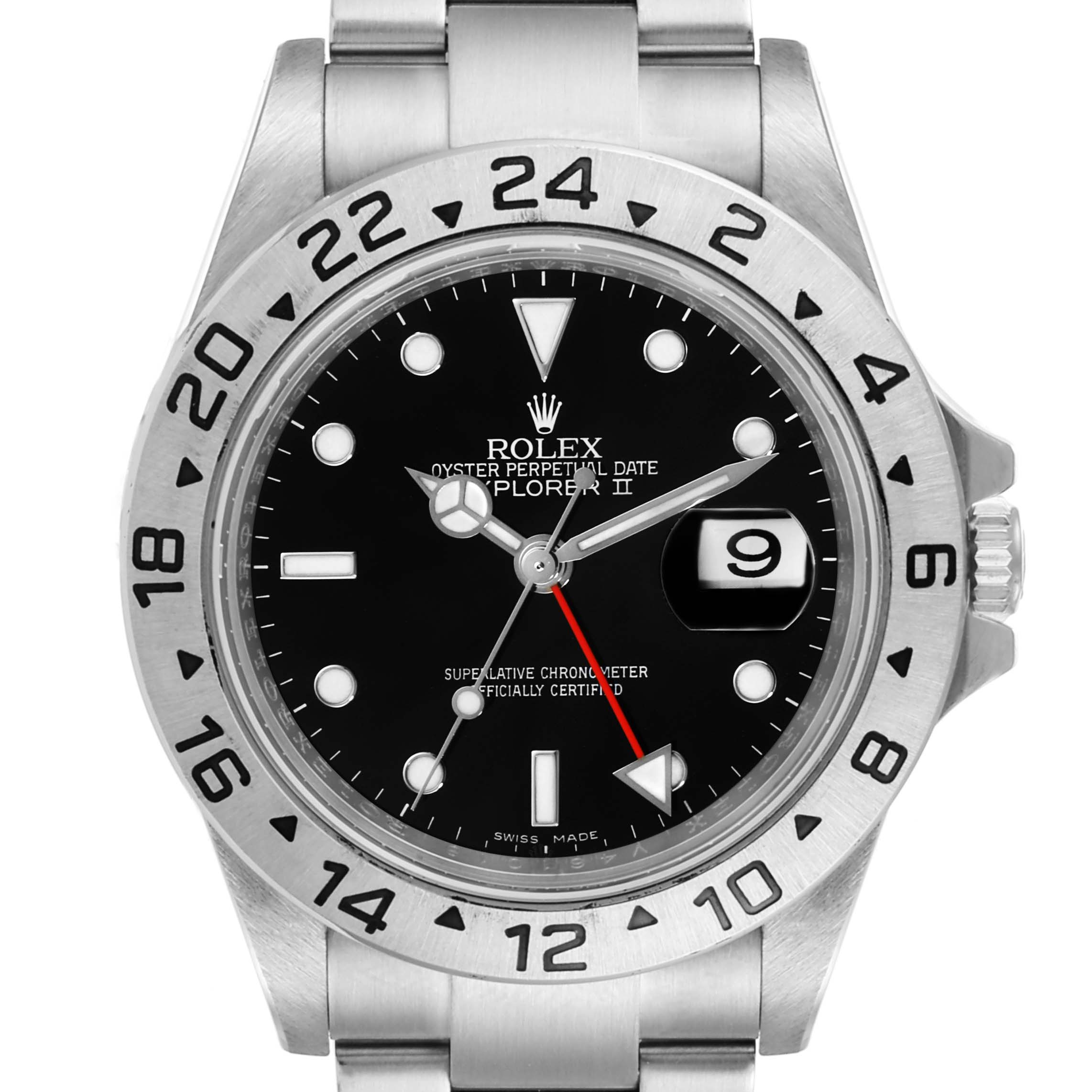 The image shows a front view of the Rolex Explorer 16570 Men's Stainless Steel Black Dial 16570 Men's Stainless Steel Black Dial watch, highlighting its face, bezel, and bracelet.