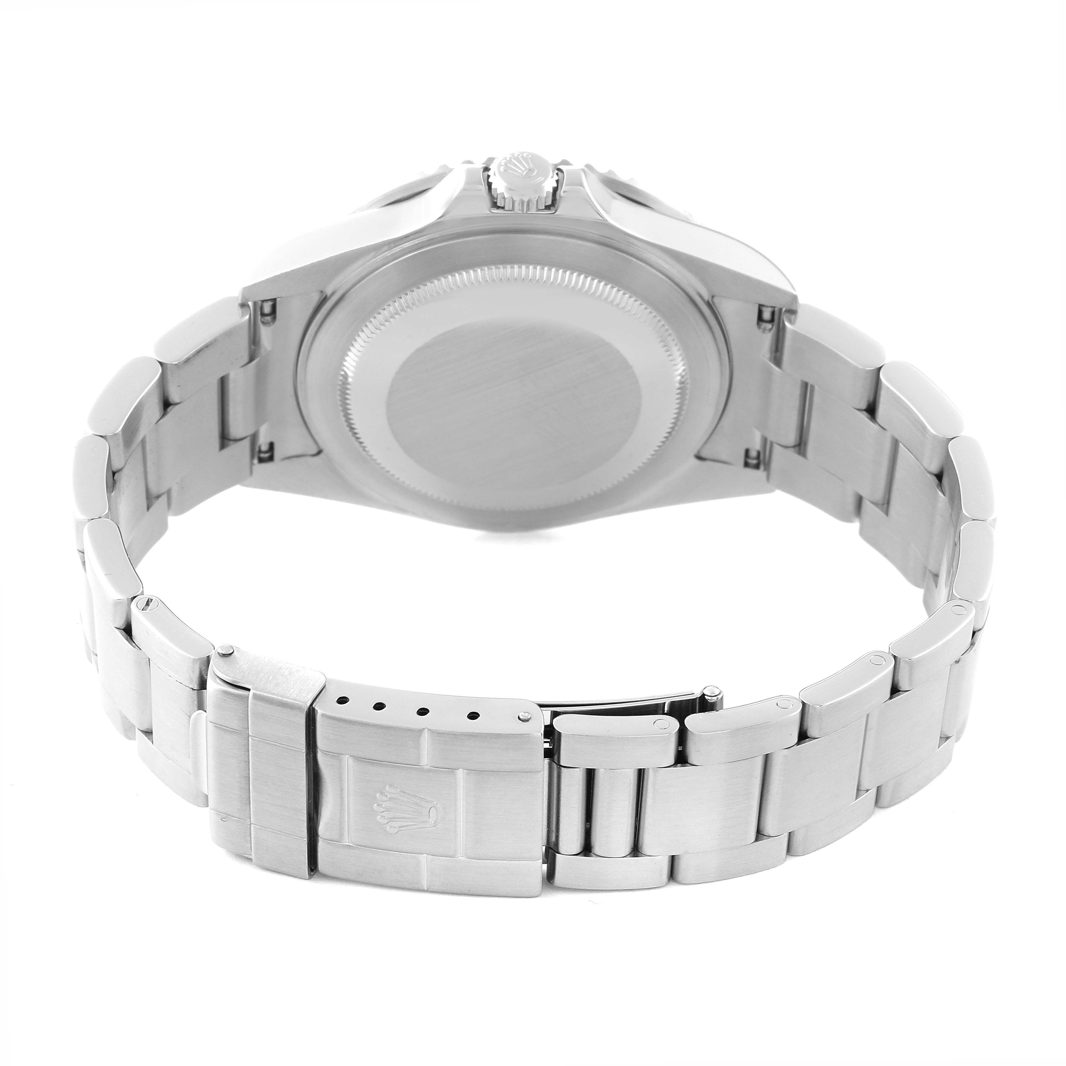 The image shows the backside of a Rolex GMT-Master 16710 Men's Stainless Steel Black Dial 16710 Men's Stainless Steel Black Dial watch, highlighting its clasp and bracelet.