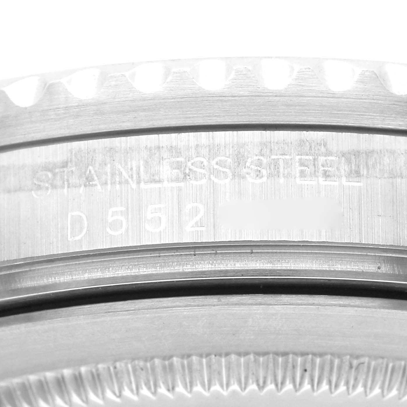 This close-up image of a Rolex GMT-Master 16710 Men's Stainless Steel Black Dial 16710 Men's Stainless Steel Black Dial watch shows the stainless steel case and part of the edge of the bezel.