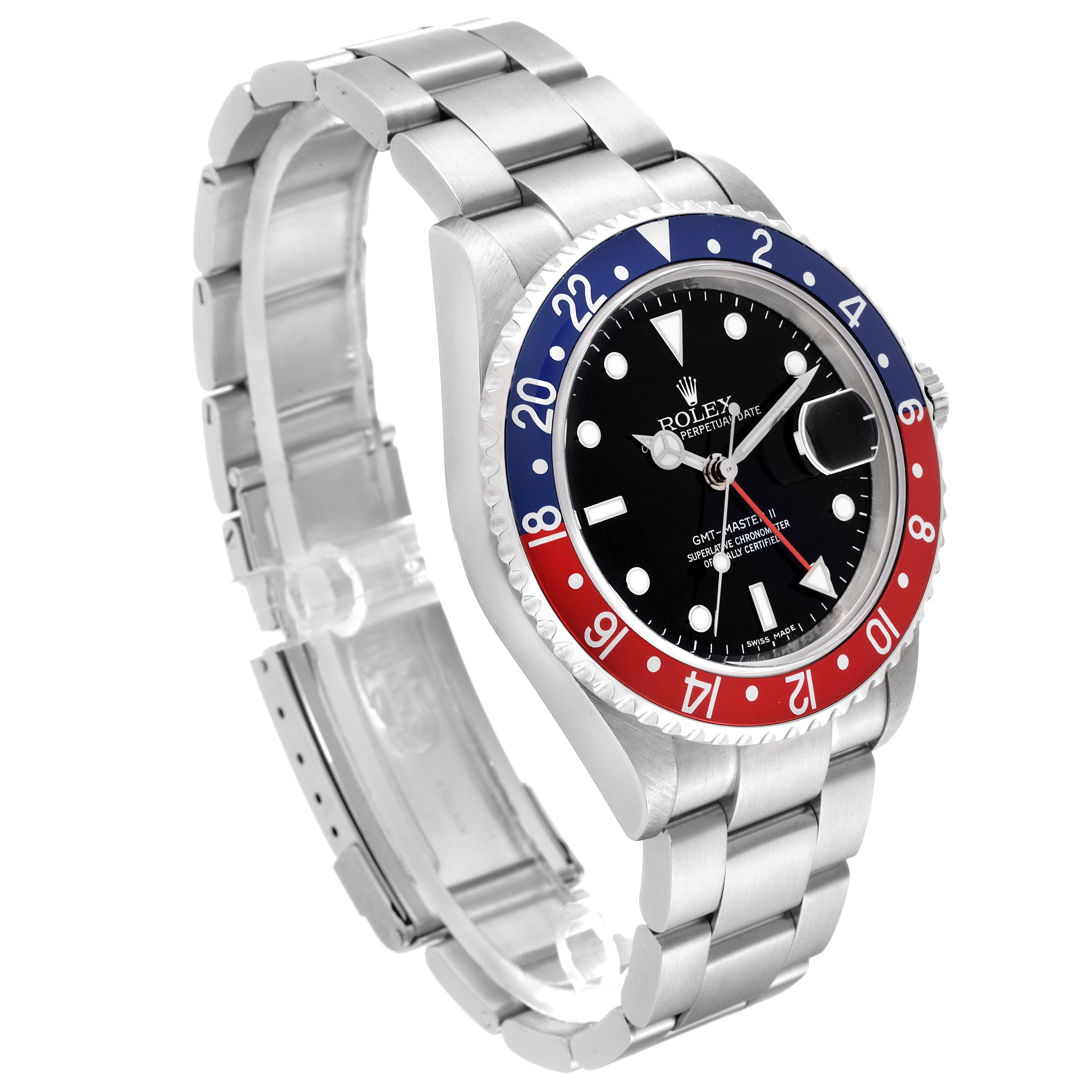 This image shows a Rolex GMT-Master 16710 Men's Stainless Steel Black Dial 16710 Men's Stainless Steel Black Dial watch at a three-quarter angle, highlighting its bezel, dial, and bracelet.