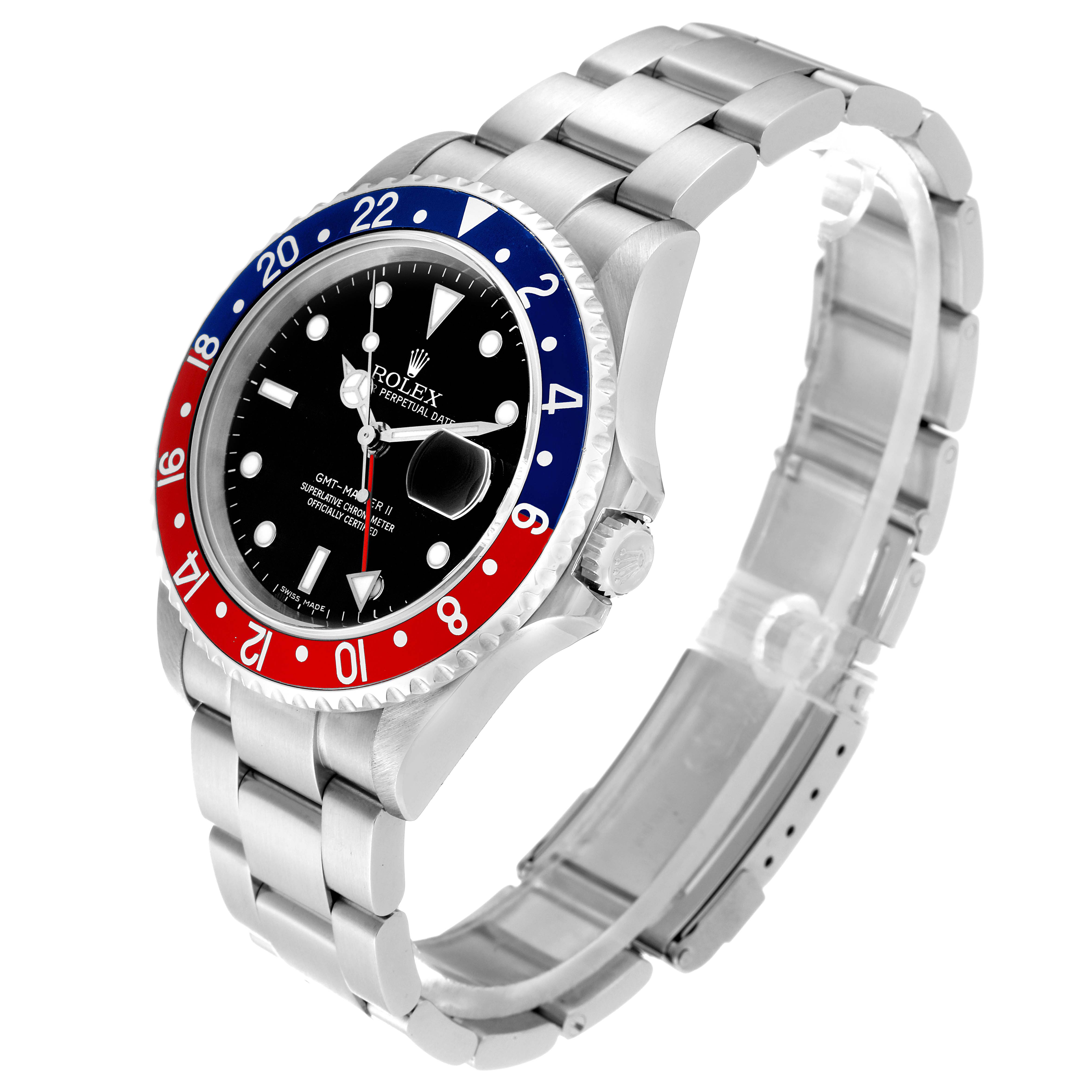 This image shows a Rolex GMT-Master 16710 Men's Stainless Steel Black Dial 16710 Men's Stainless Steel Black Dial watch at a slight angle, displaying its face, bezel, and bracelet.