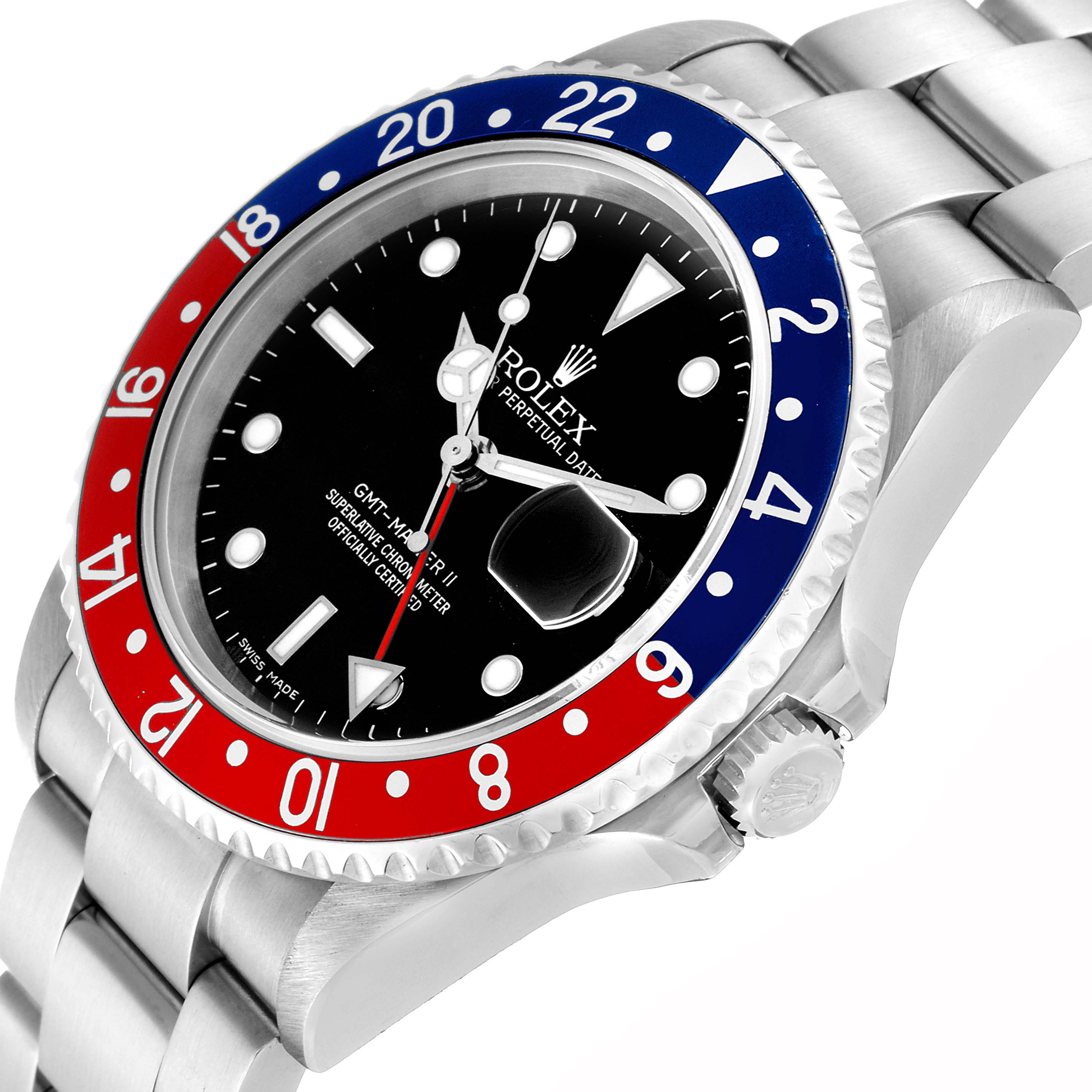This Rolex GMT-Master 16710 Men's Stainless Steel Black Dial 16710 Men's Stainless Steel Black Dial II watch is shown at an angled close-up, highlighting the bezel, dial, case, and bracelet.