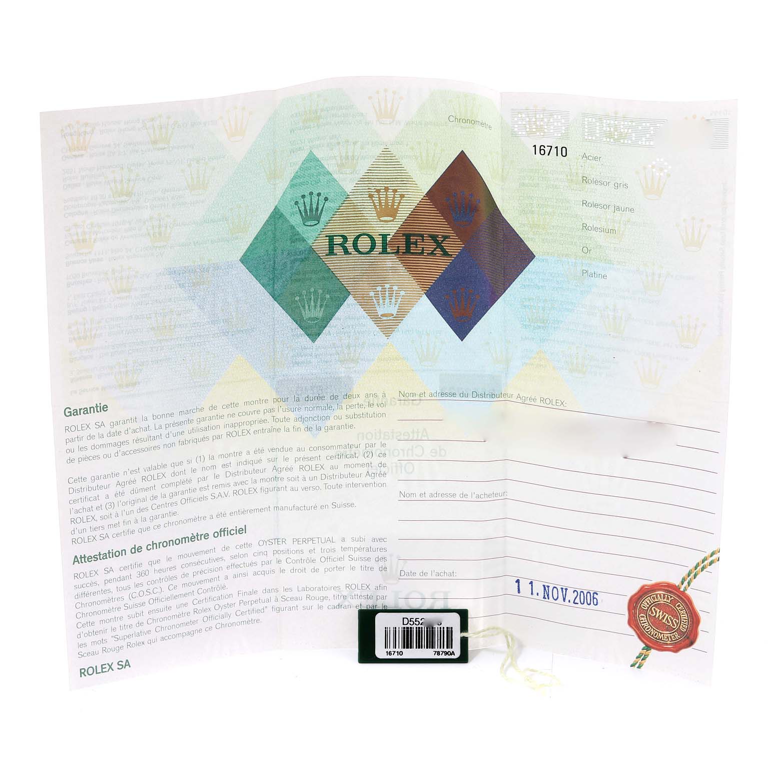 This image shows the official warranty certificate of a Rolex GMT-Master 16710 Men's Stainless Steel Black Dial 16710 Men's Stainless Steel Black Dial model, dated 2006.