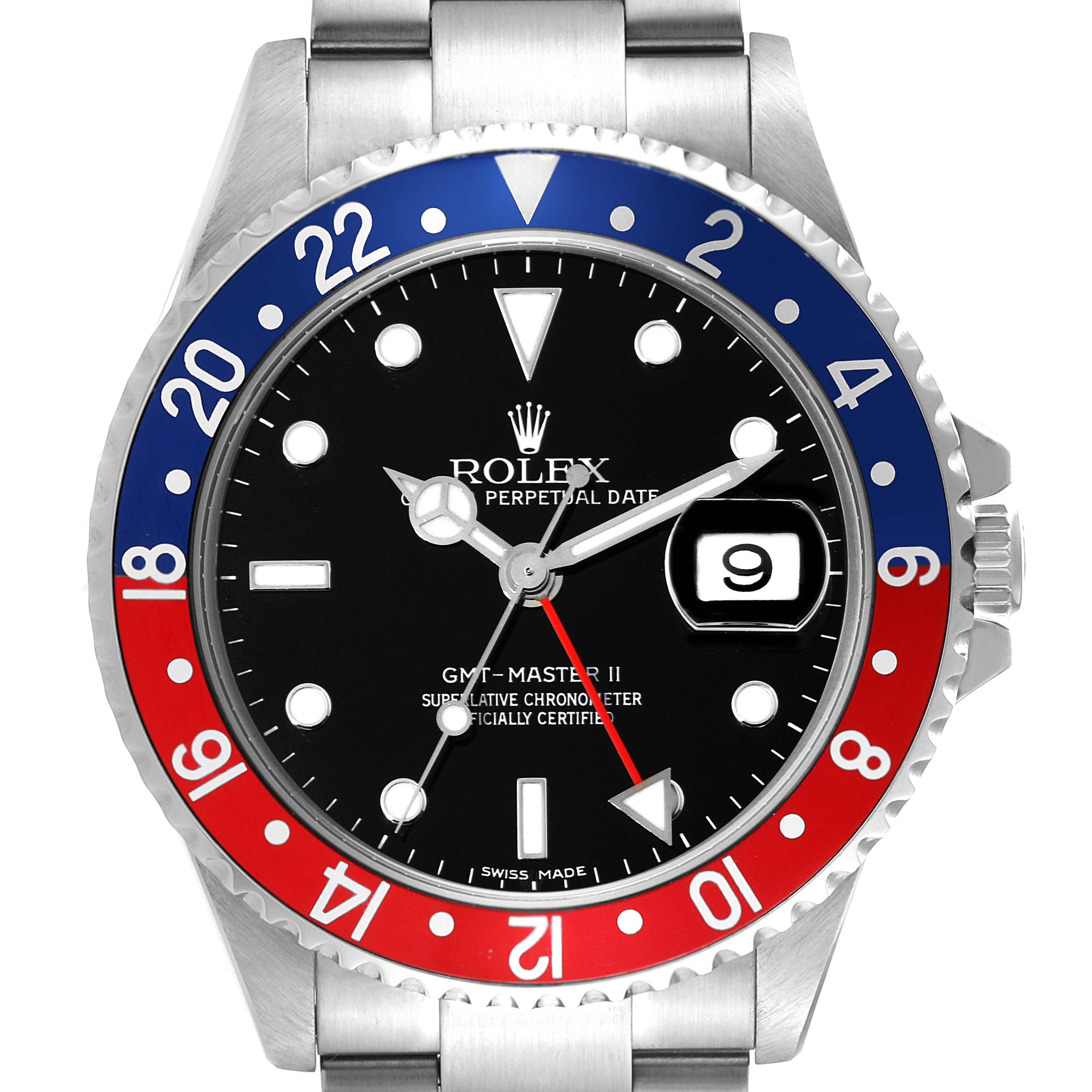 The image shows a frontal view of the Rolex GMT-Master 16710 Men's Stainless Steel Black Dial 16710 Men's Stainless Steel Black Dial II with a red and blue bezel and a black dial.