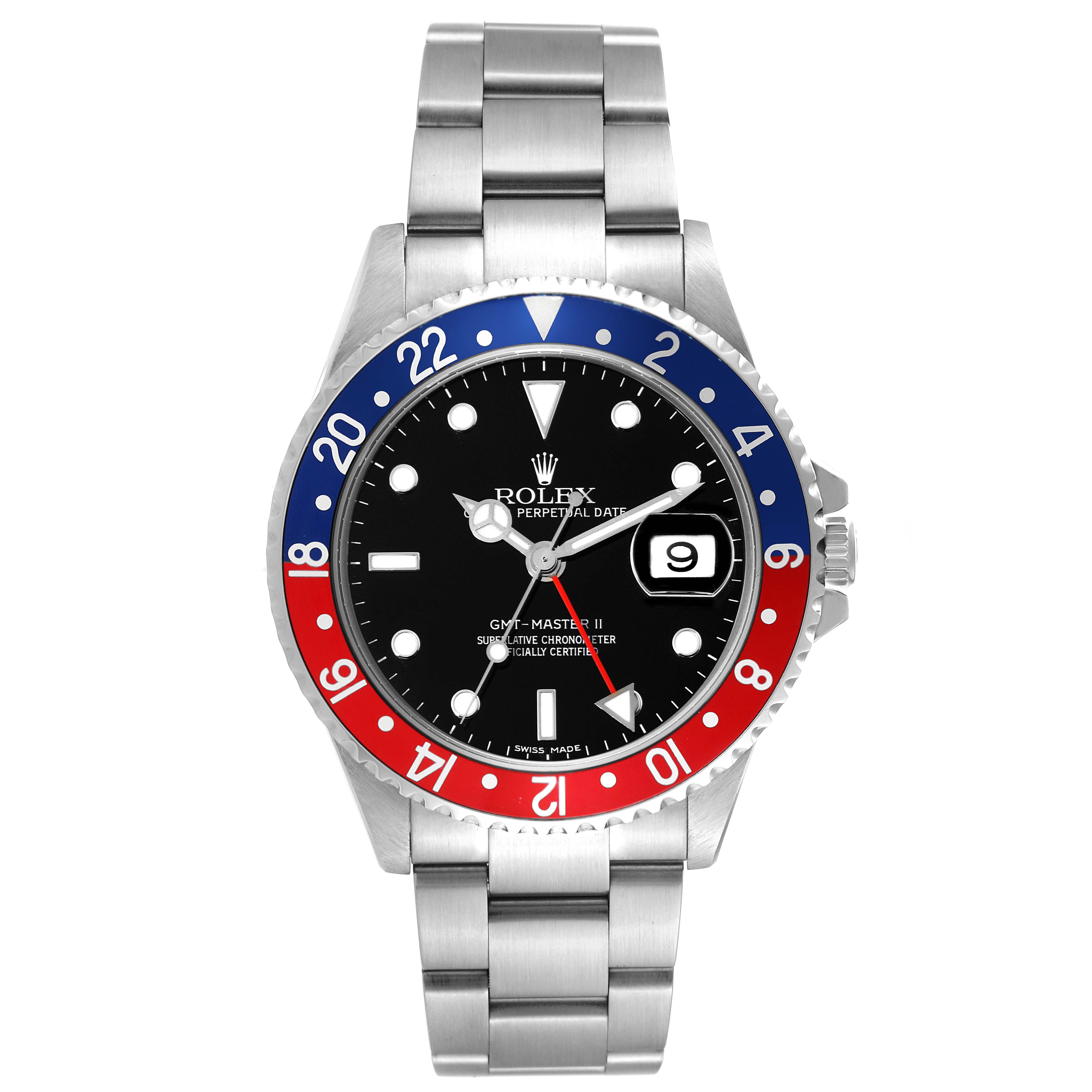 The image shows a front view of a Rolex GMT-Master 16710 Men's Stainless Steel Black Dial 16710 Men's Stainless Steel Black Dial II watch, displaying the bezel, dial, and bracelet.