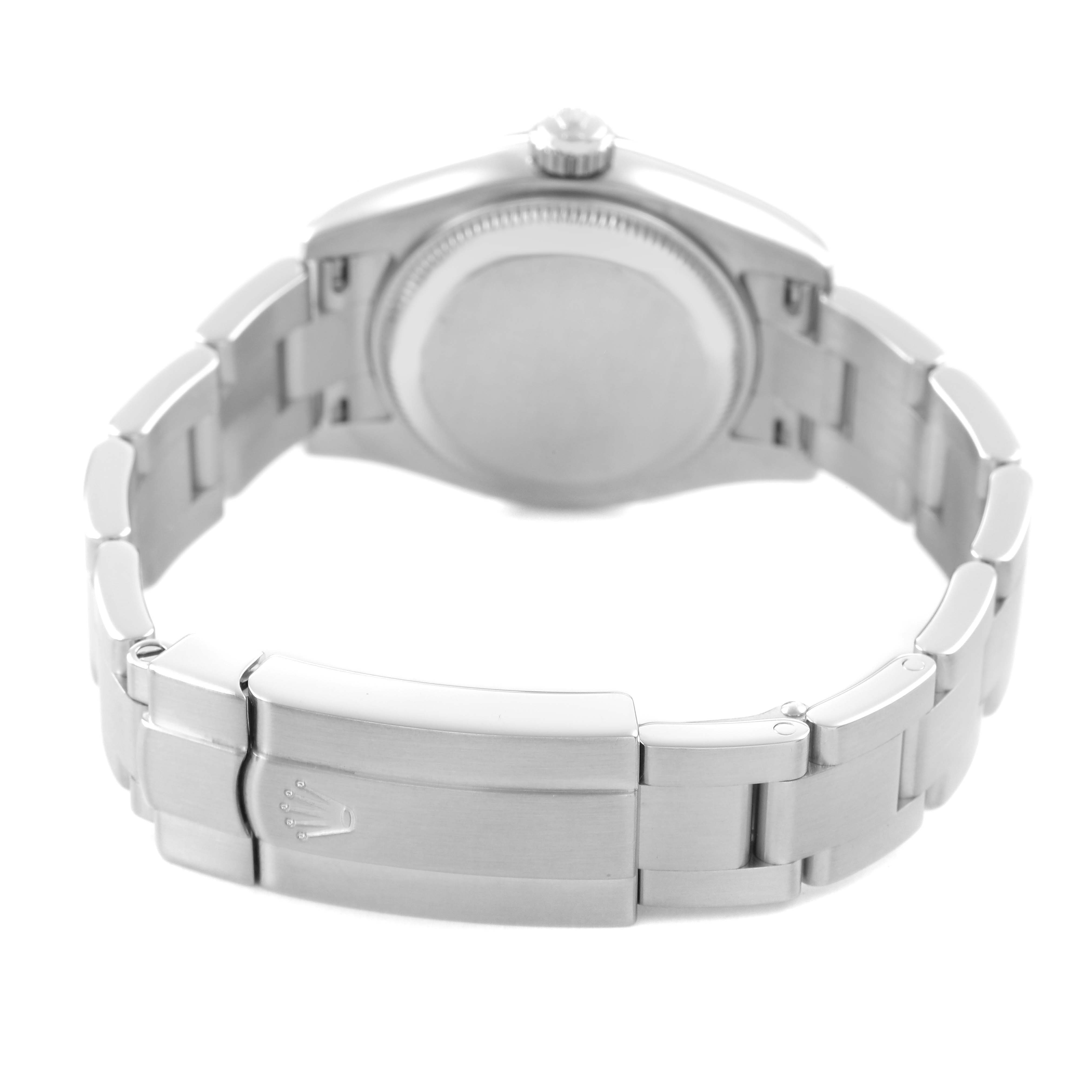 The image shows the back view of the Rolex Oyster Perpetual 176200 Women's Stainless Steel Silver Dial watch, highlighting the clasp and bracelet links.