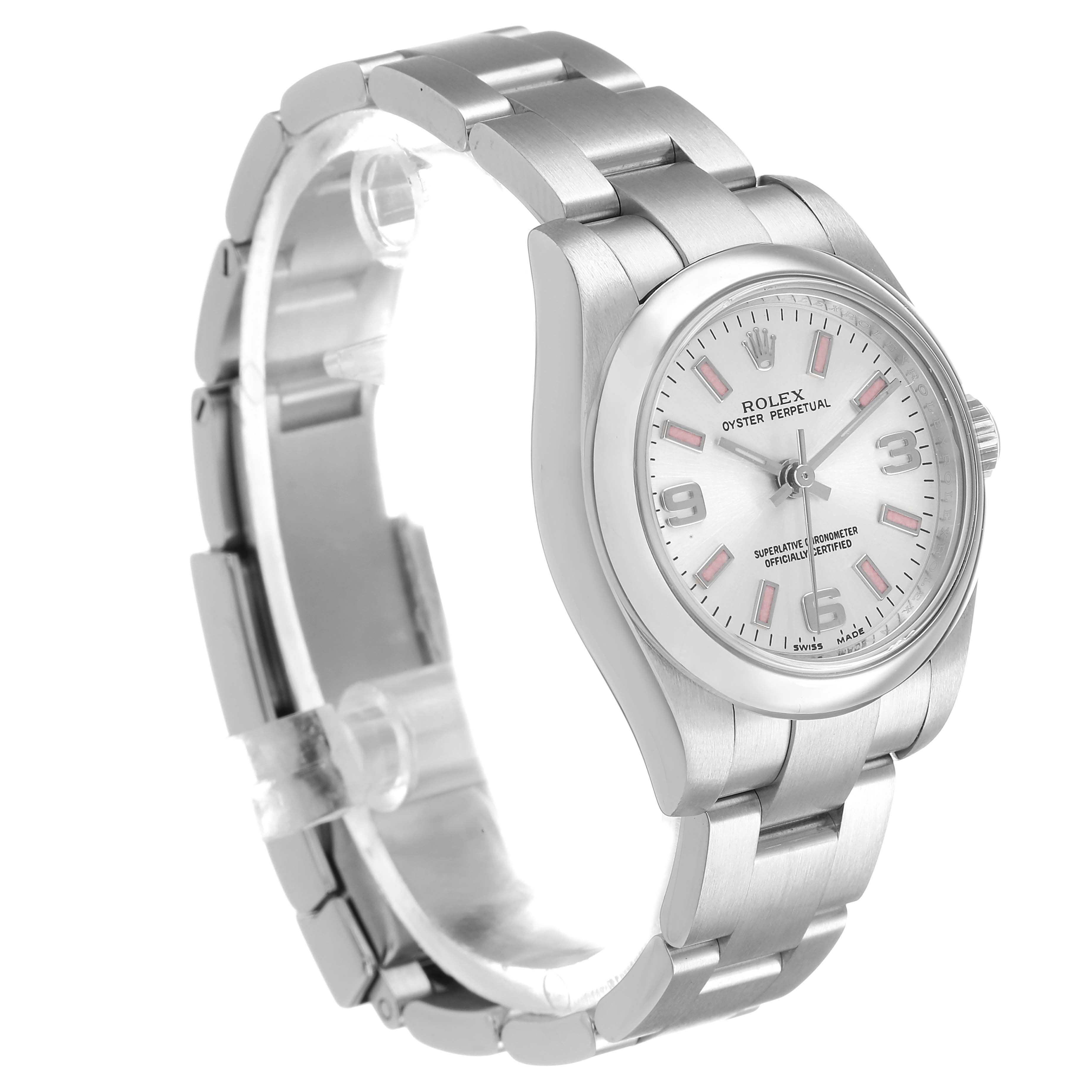 The Rolex Oyster Perpetual 176200 Women's Stainless Steel Silver Dial watch is shown at a three-quarter angle, highlighting the dial, bezel, and bracelet.