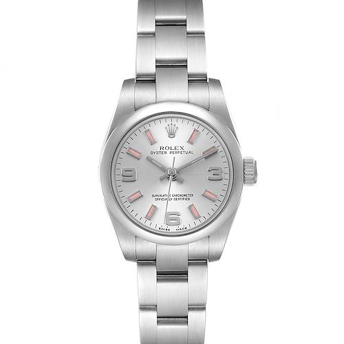 The Rolex Oyster Perpetual 176200 Women's Stainless Steel Silver Dial watch is shown from a front view, highlighting the dial, bracelet, and crown.