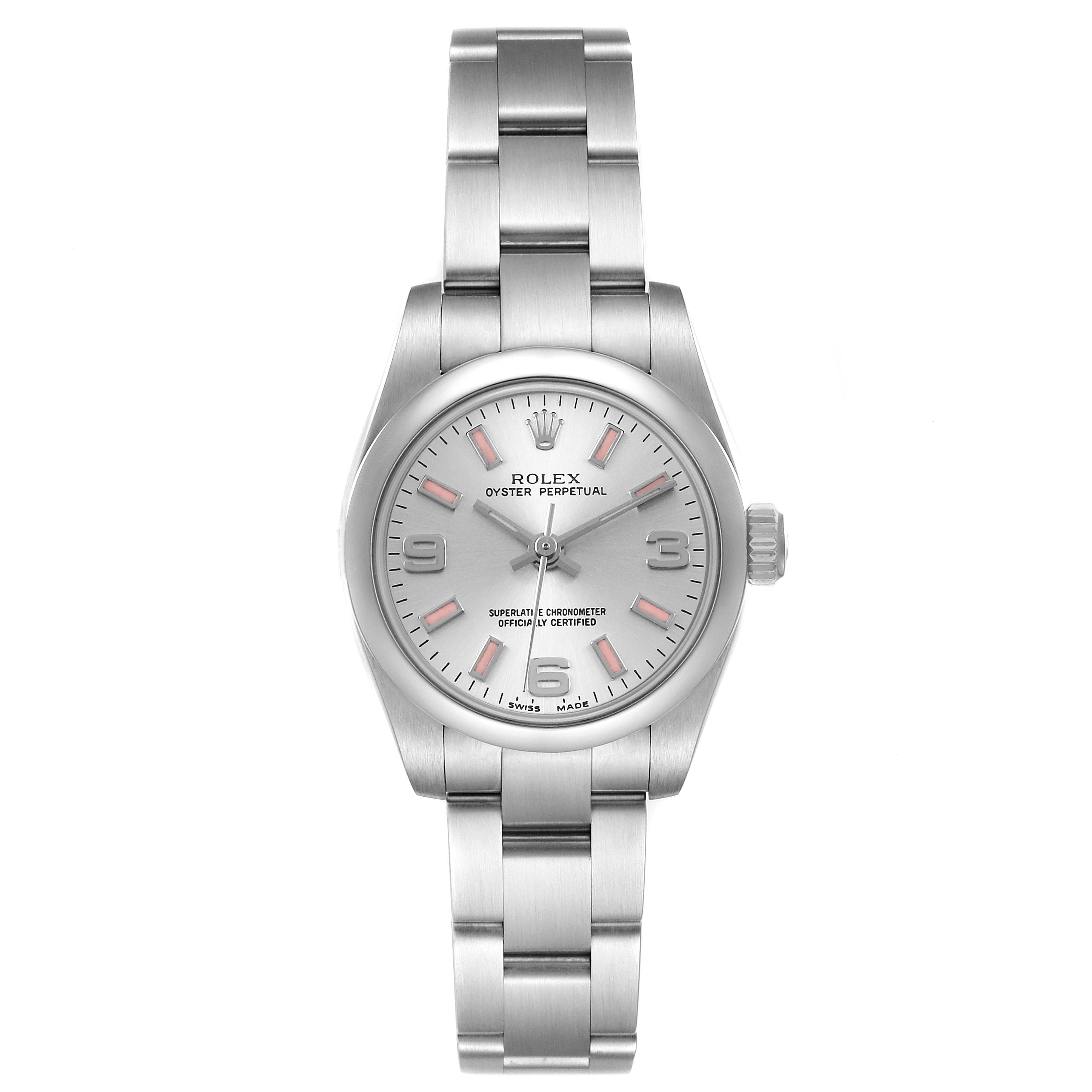 The Rolex Oyster Perpetual 176200 Women's Stainless Steel Silver Dial watch is shown from a top-down angle, displaying the face, bracelet, and crown.