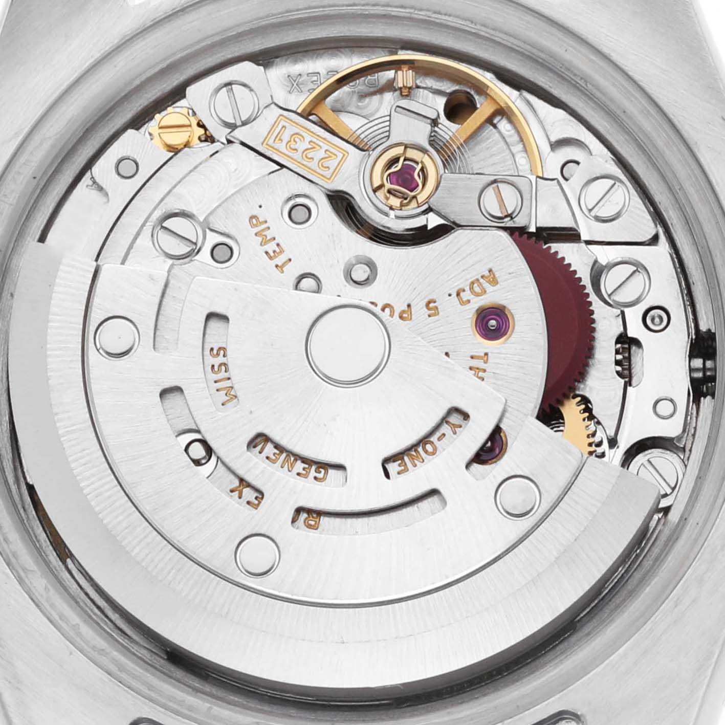 The image shows the movement mechanism of a Rolex Oyster Perpetual 176200 Women's Stainless Steel Silver Dial watch from a back angle.