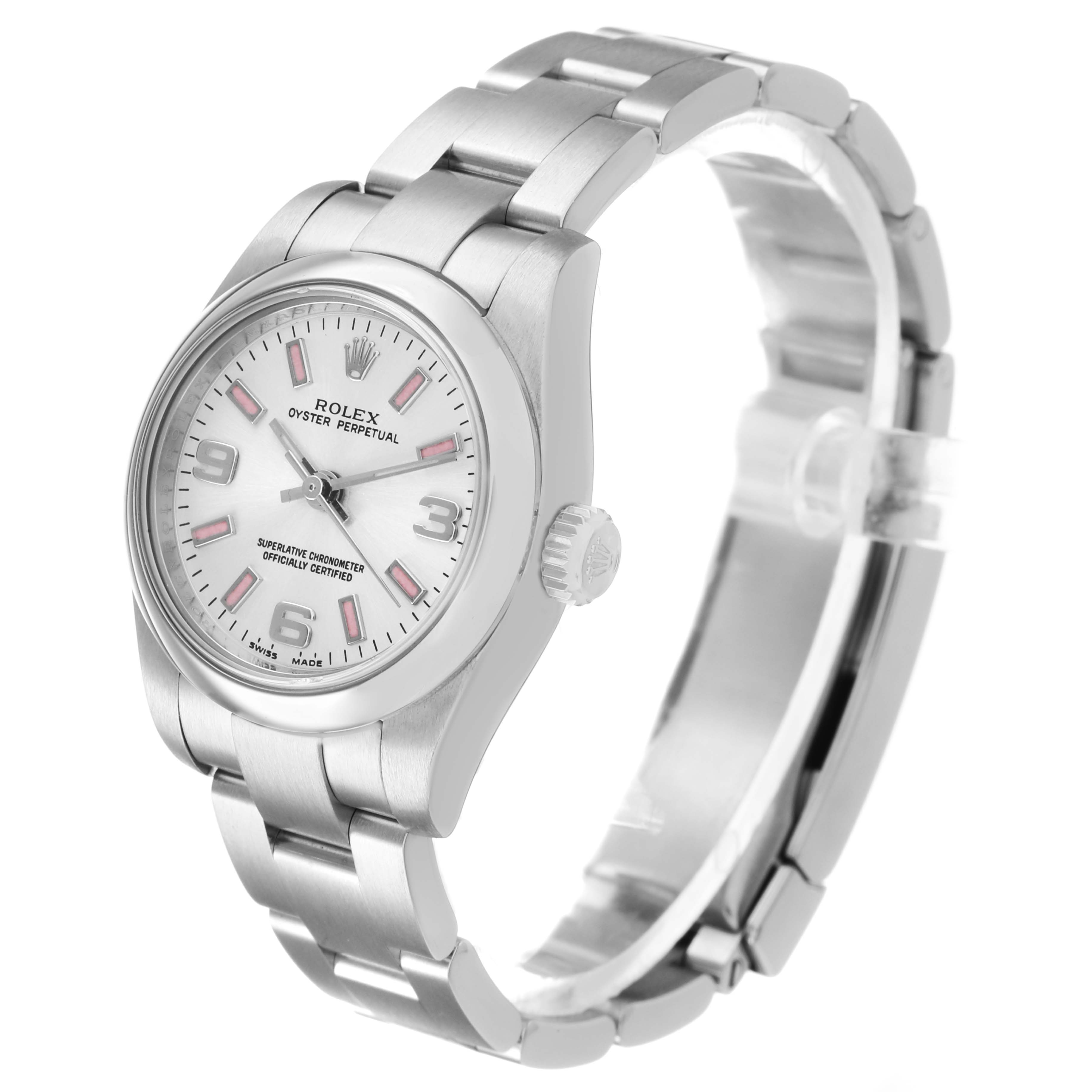 The Rolex Oyster Perpetual 176200 Women's Stainless Steel Silver Dial watch is shown at a three-quarter angle, displaying the face, bezel, bracelet, and crown.