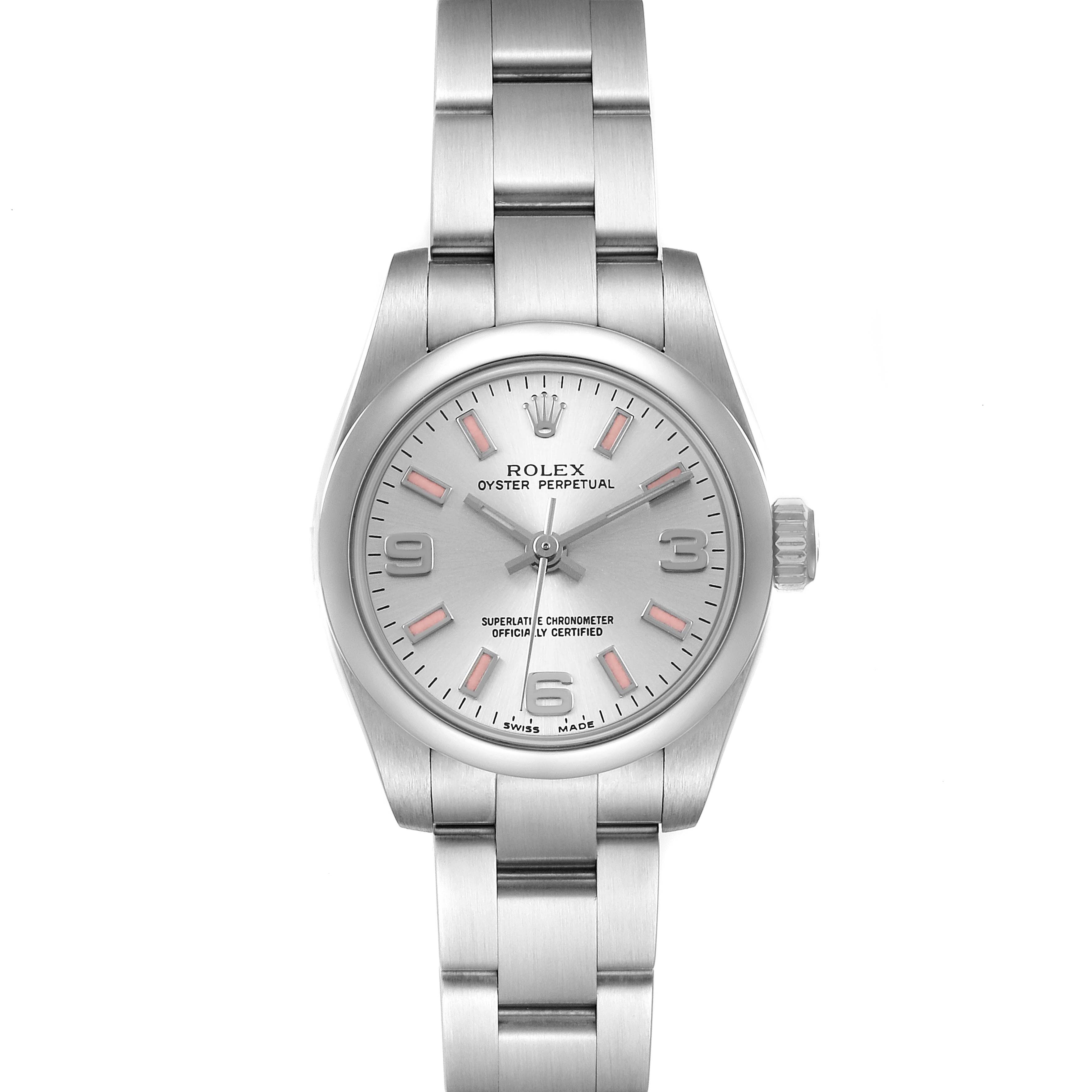 This Rolex Oyster Perpetual 176200 Women's Stainless Steel Silver Dial watch is shown from a top-down angle, highlighting the dial, bezel, and bracelet.