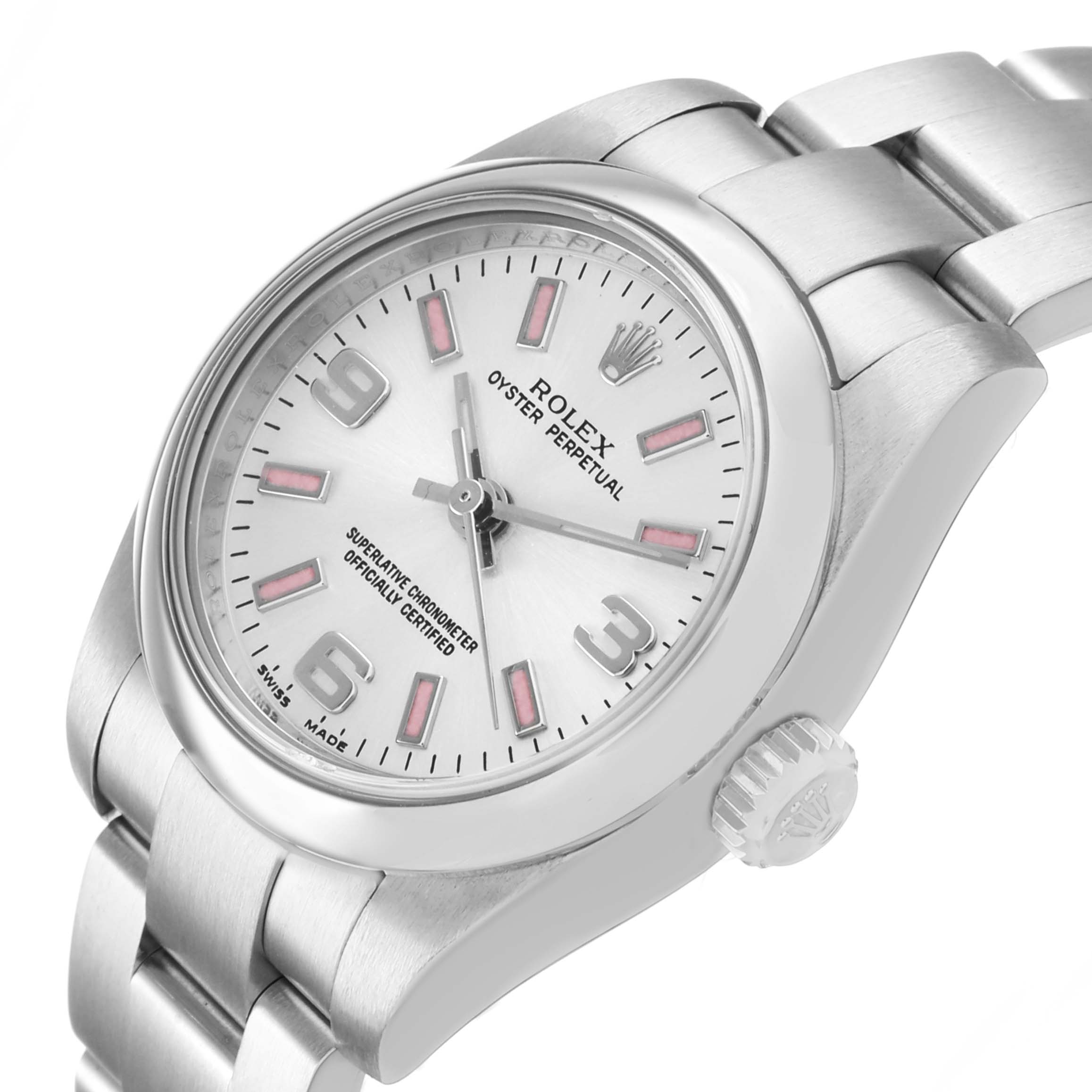 The Rolex Oyster Perpetual 176200 Women's Stainless Steel Silver Dial watch is shown at a slight angle highlighting the dial, crown, and bracelet.
