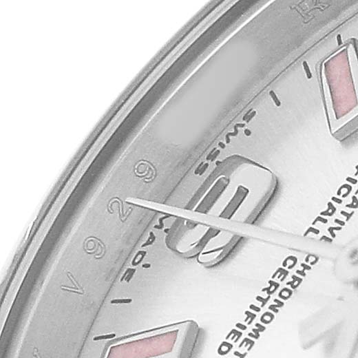 The image shows a close-up angle of the Rolex Oyster Perpetual 176200 Women's Stainless Steel Silver Dial watch, highlighting part of the dial, hands, and hour markers.
