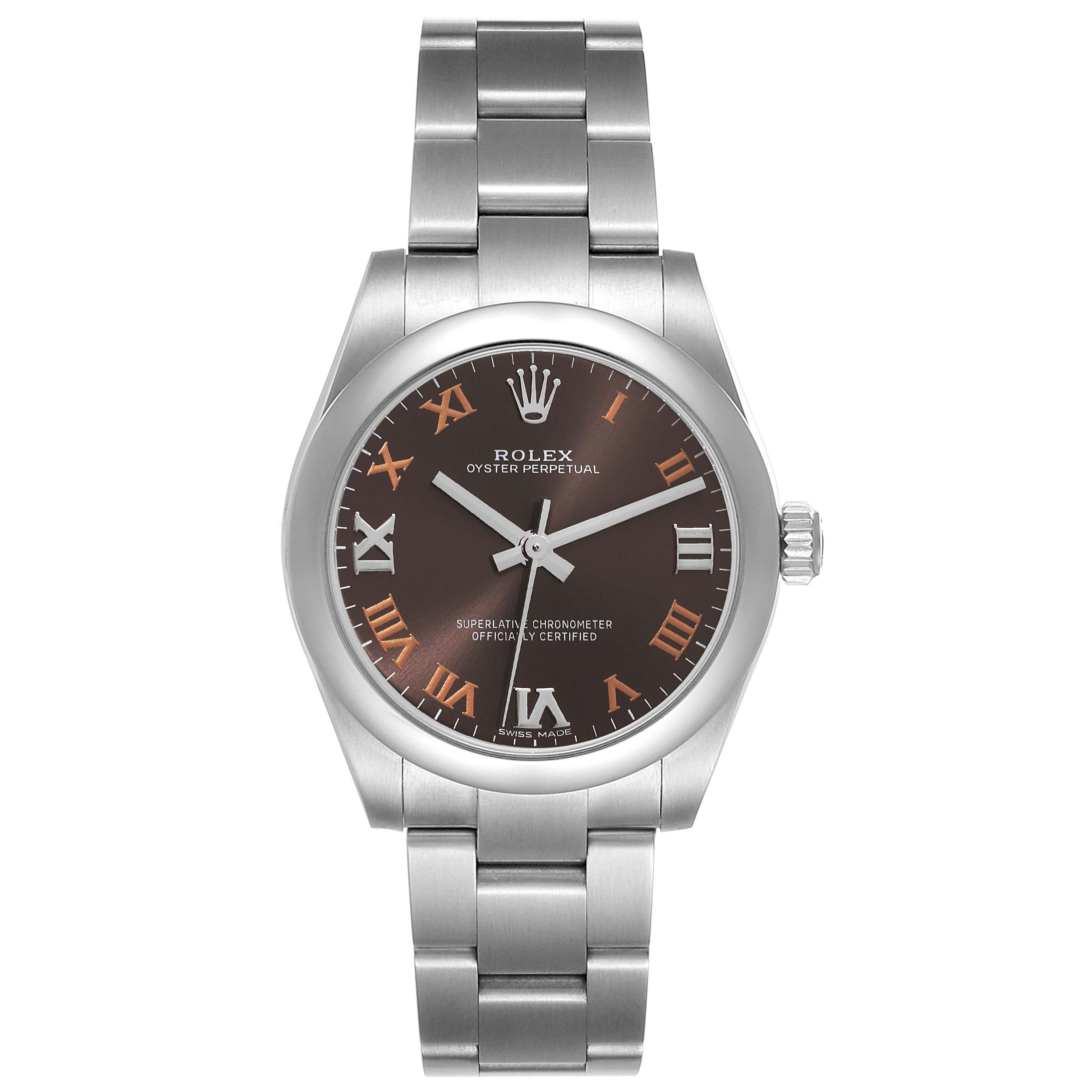 The Rolex Mid-Size 177200 Women's Stainless Steel Grey Dial watch is shown from the front, highlighting its face, bezel, crown, and bracelet.