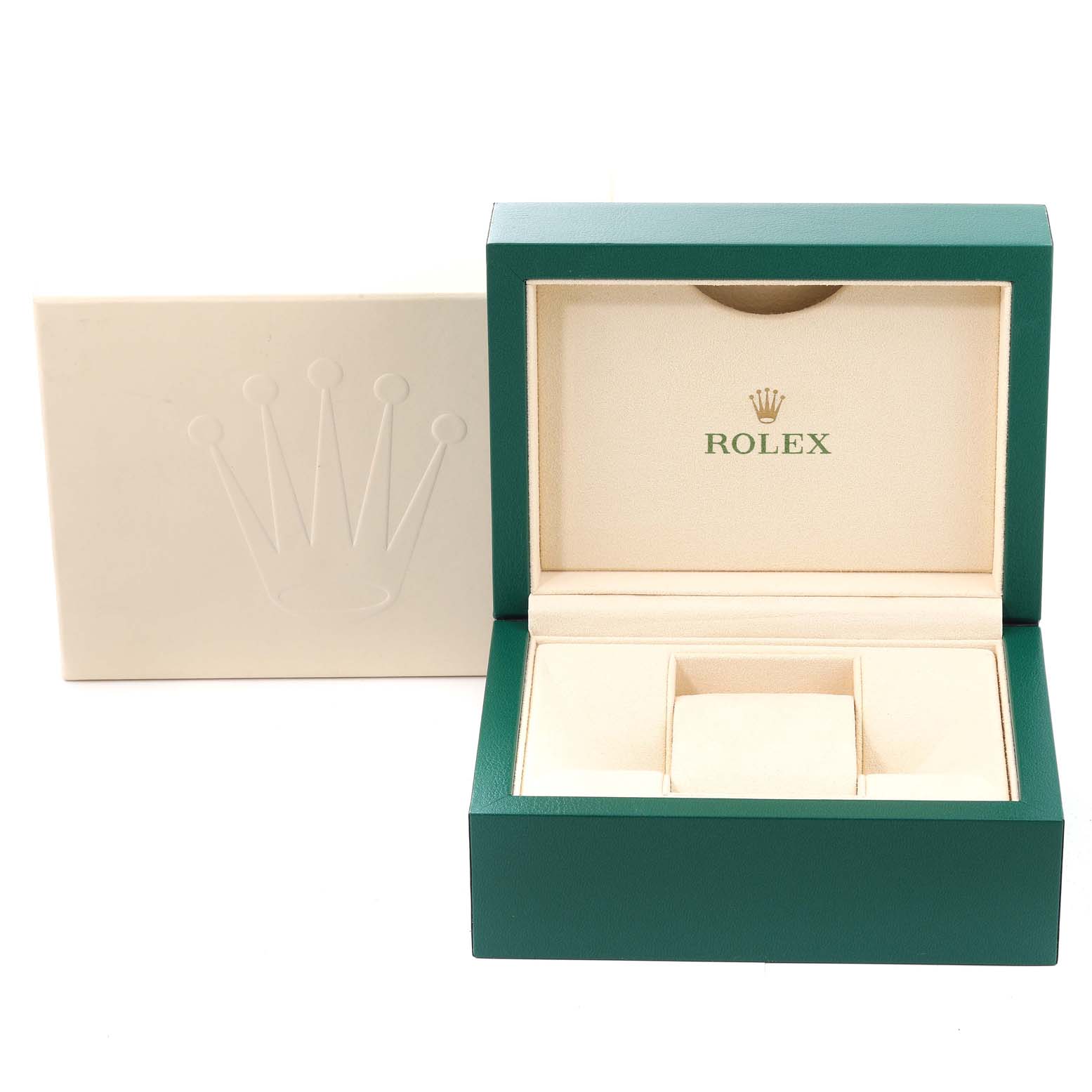 The image shows an open Rolex Mid-Size 177200 Women's Stainless Steel Grey Dial watch box with a green outer box and a beige interior.