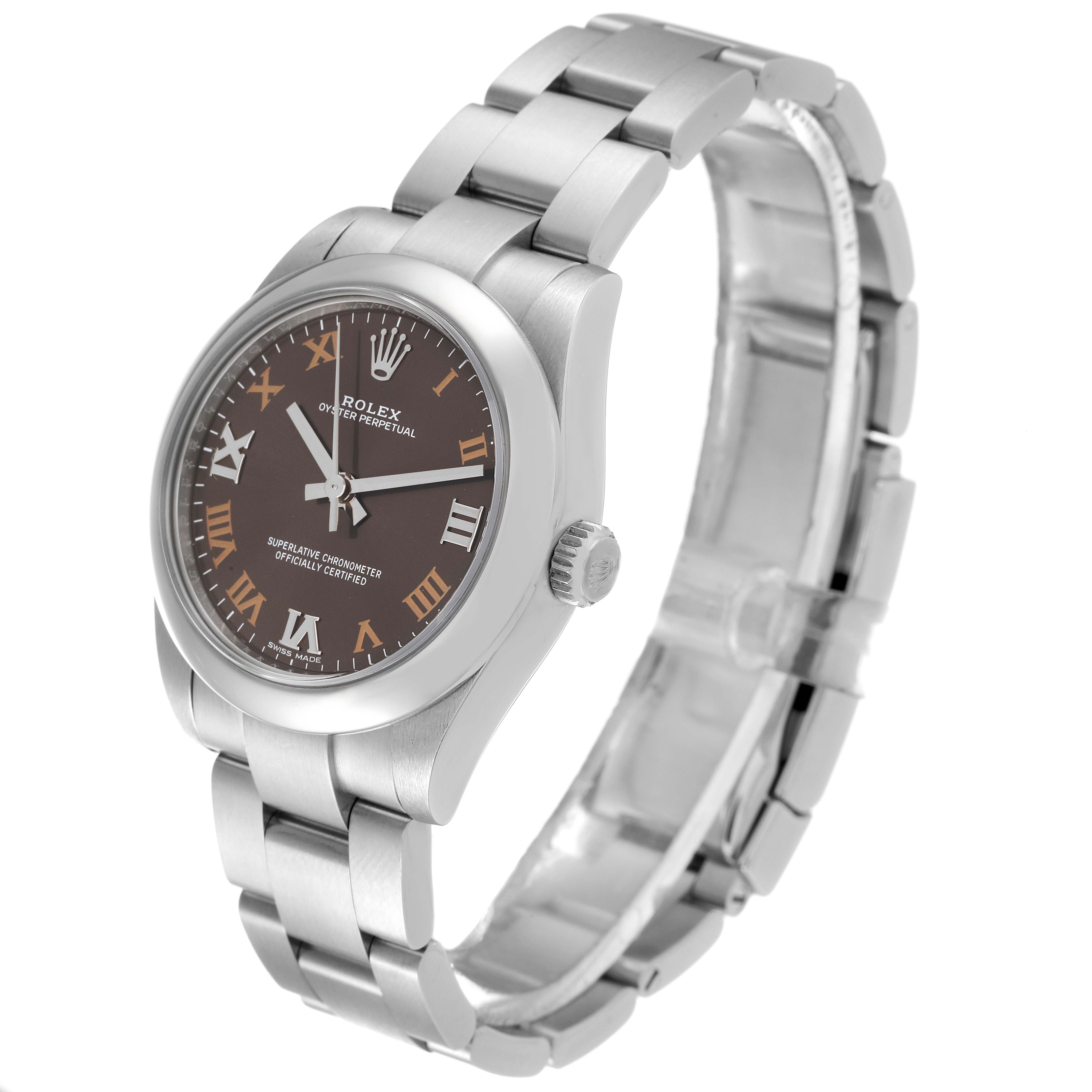 The Rolex Mid-Size 177200 Women's Stainless Steel Grey Dial watch is shown from a three-quarter view, displaying the dial, bezel, and bracelet.