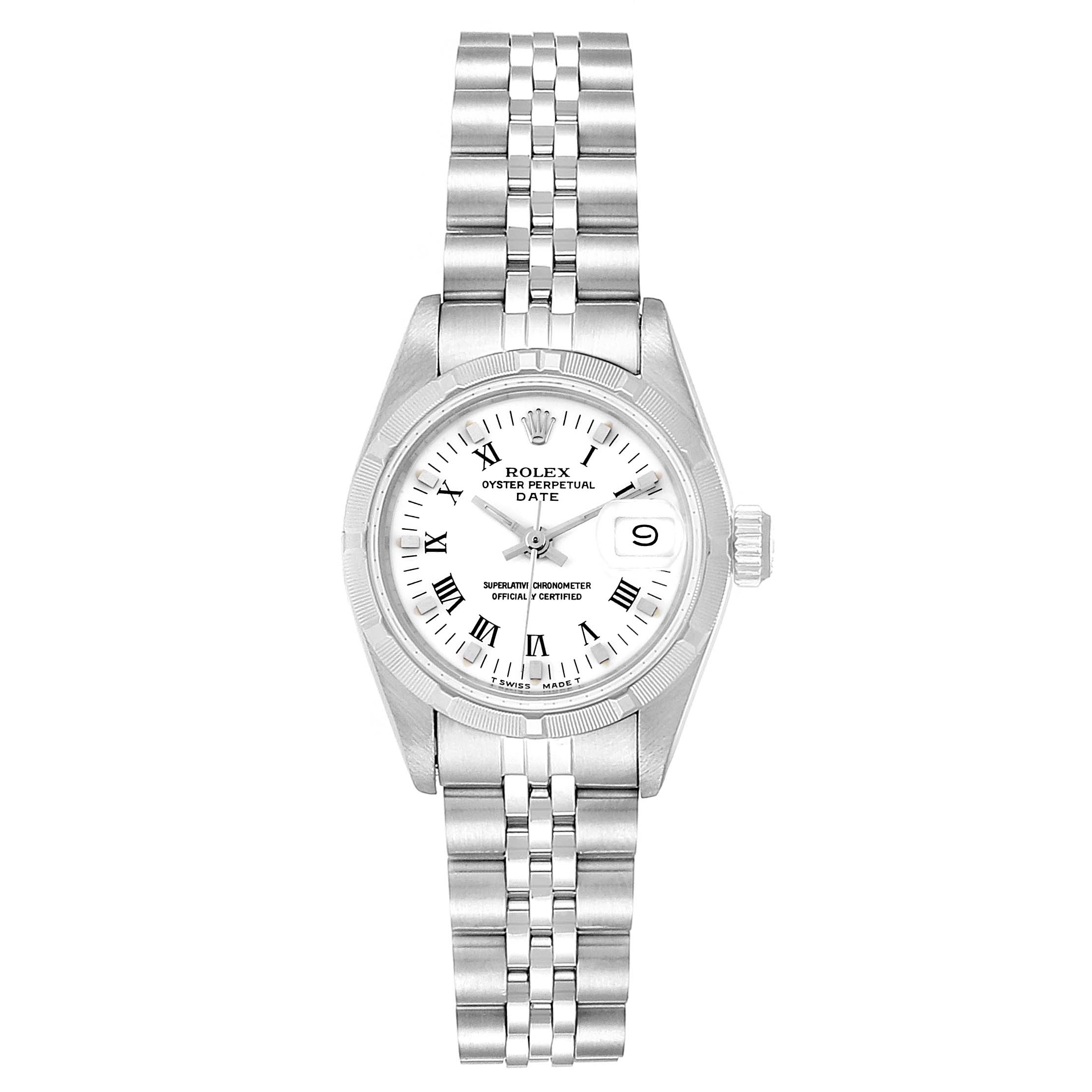 The image shows a front view of the Rolex Date 69190 Women
s Stainless Steel White Dial 69190 Women
s Stainless Steel White Dial model watch, featuring its face, bracelet, and clasp.