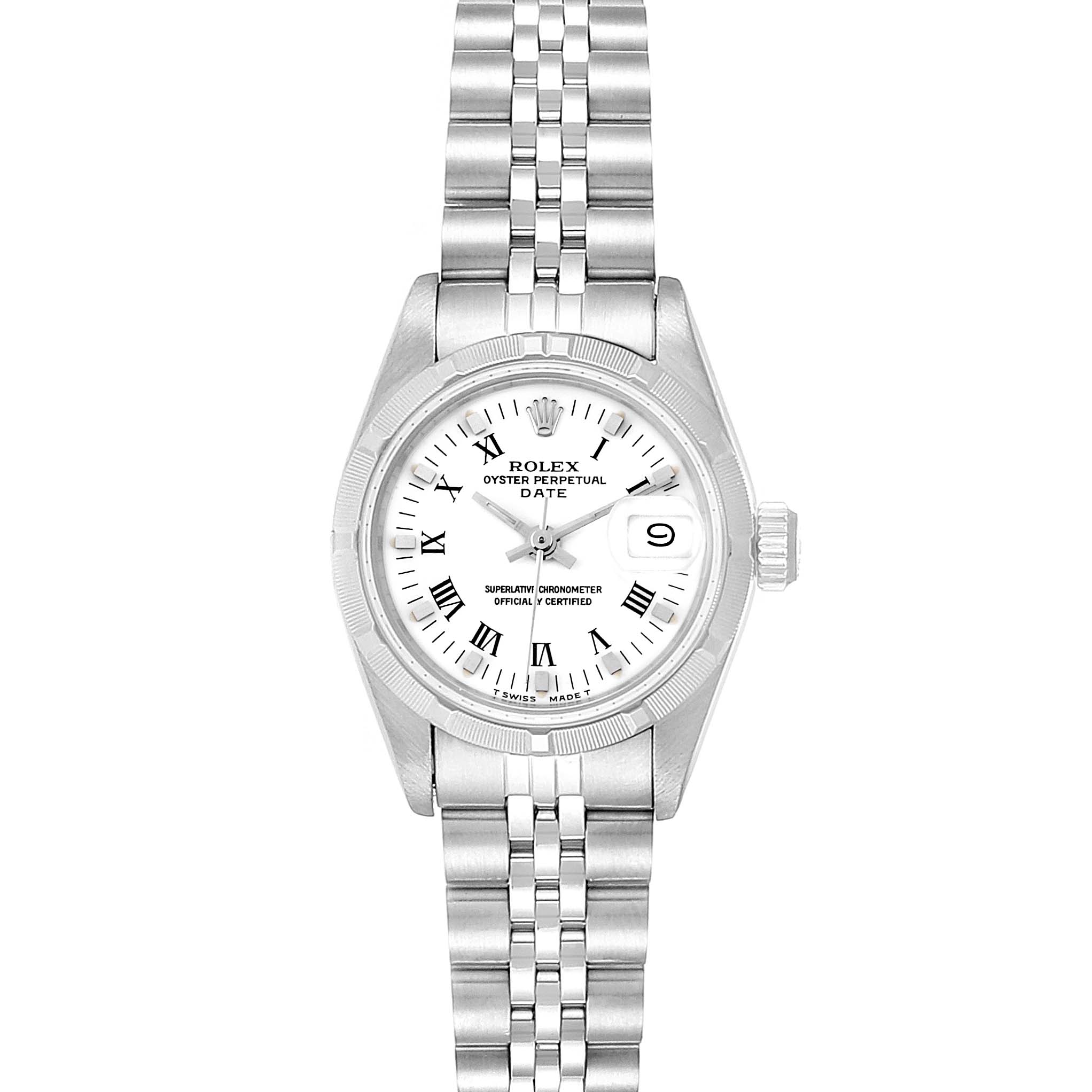 This image shows a frontal view of a Rolex Date 69190 Women
s Stainless Steel White Dial 69190 Women
s Stainless Steel White Dial model watch with its bracelet, case, dial, and crown visible.