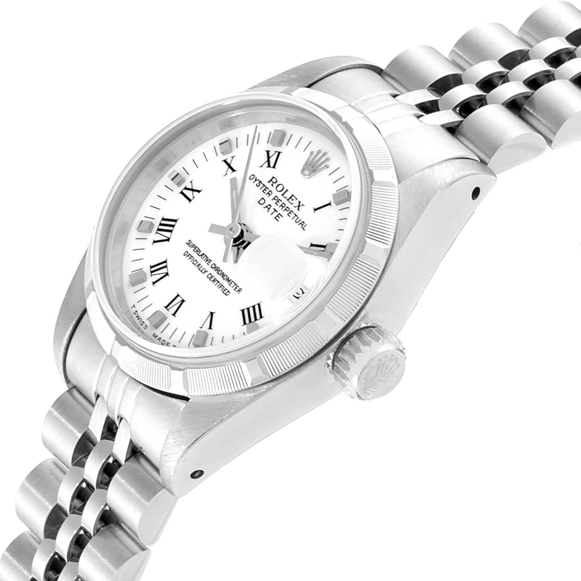 This image shows a side angle of a Rolex Date 69190 Women
s Stainless Steel White Dial 69190 Women
s Stainless Steel White Dial model watch, highlighting its face, crown, and bracelet.