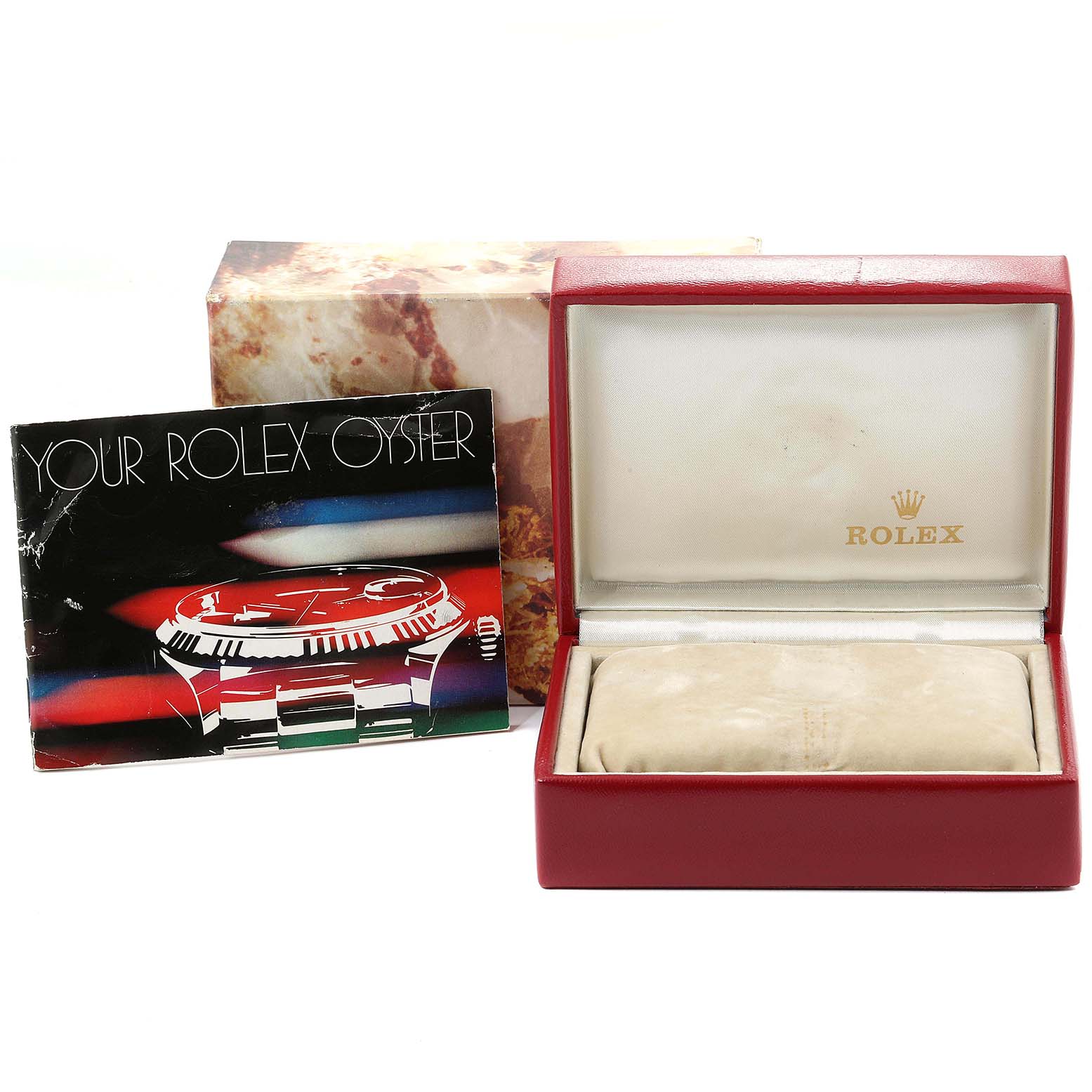 The image shows accessories for a Rolex Date 69190 Women
s Stainless Steel White Dial 69190 Women
s Stainless Steel White Dial model, including the box and a booklet with "Your Rolex Oyster."