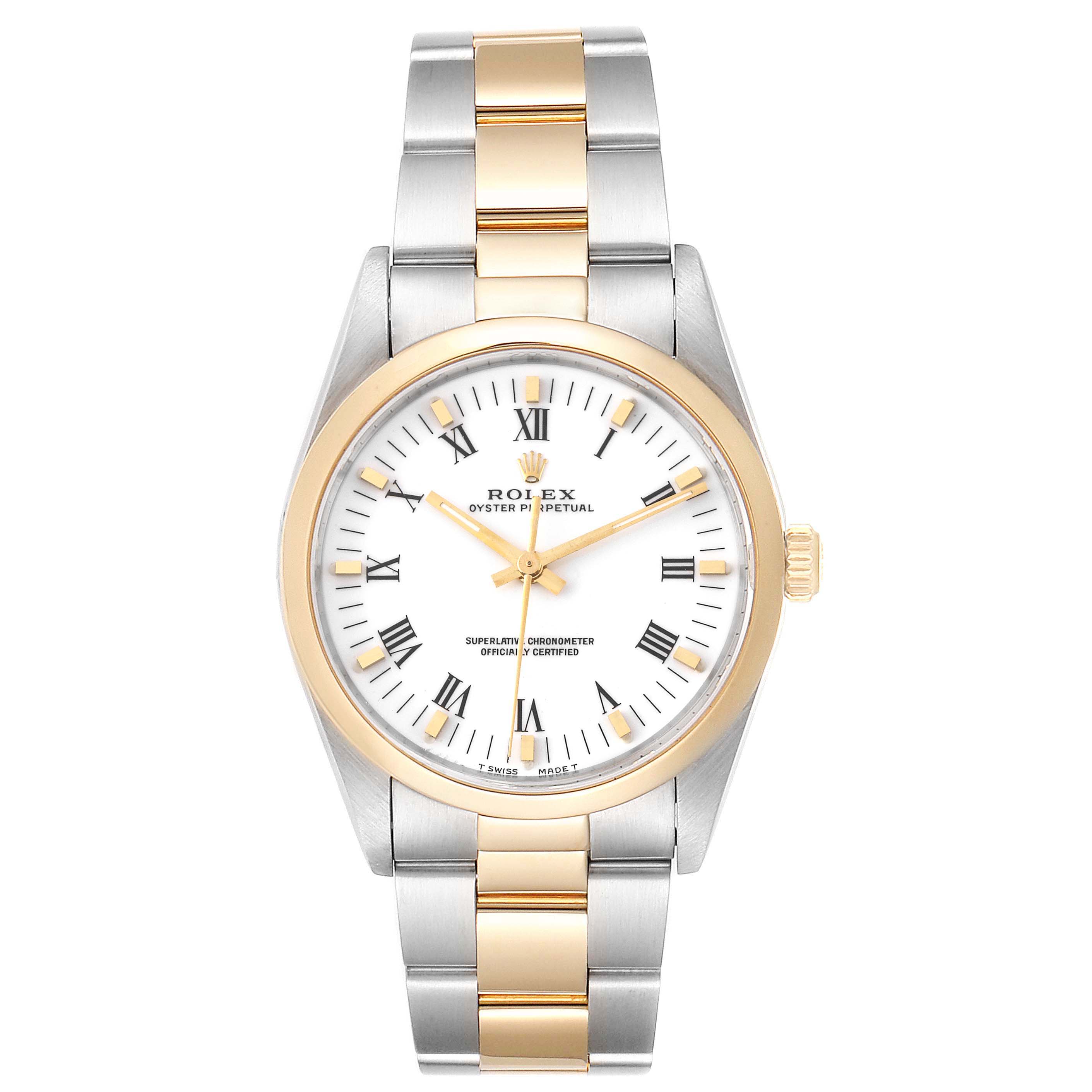 The image shows a front view of the Rolex Oyster Perpetual 14203 Men's Steel and Gold (two tone) White Dial 14203 Men's Steel and Gold (two tone) White Dial watch, highlighting its two-tone band, dial, and Roman numeral markers.